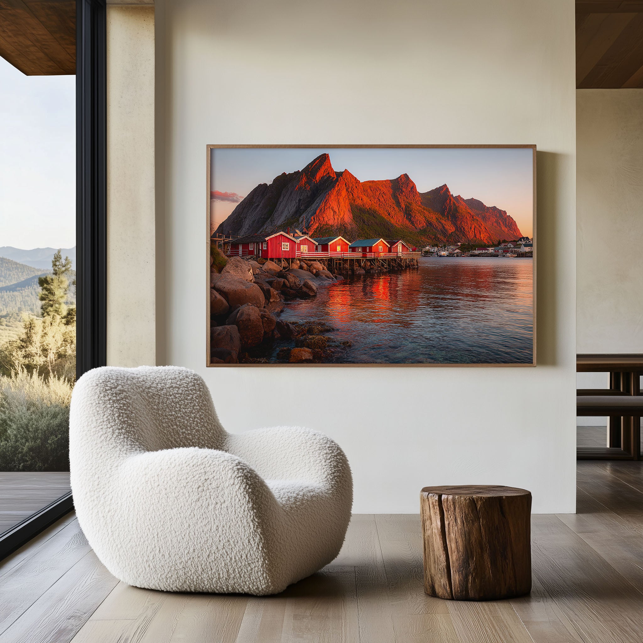 Lofoten Norway Red Fishing Cabins Sunset Wall Art Print – Nordic Fjord Landscape