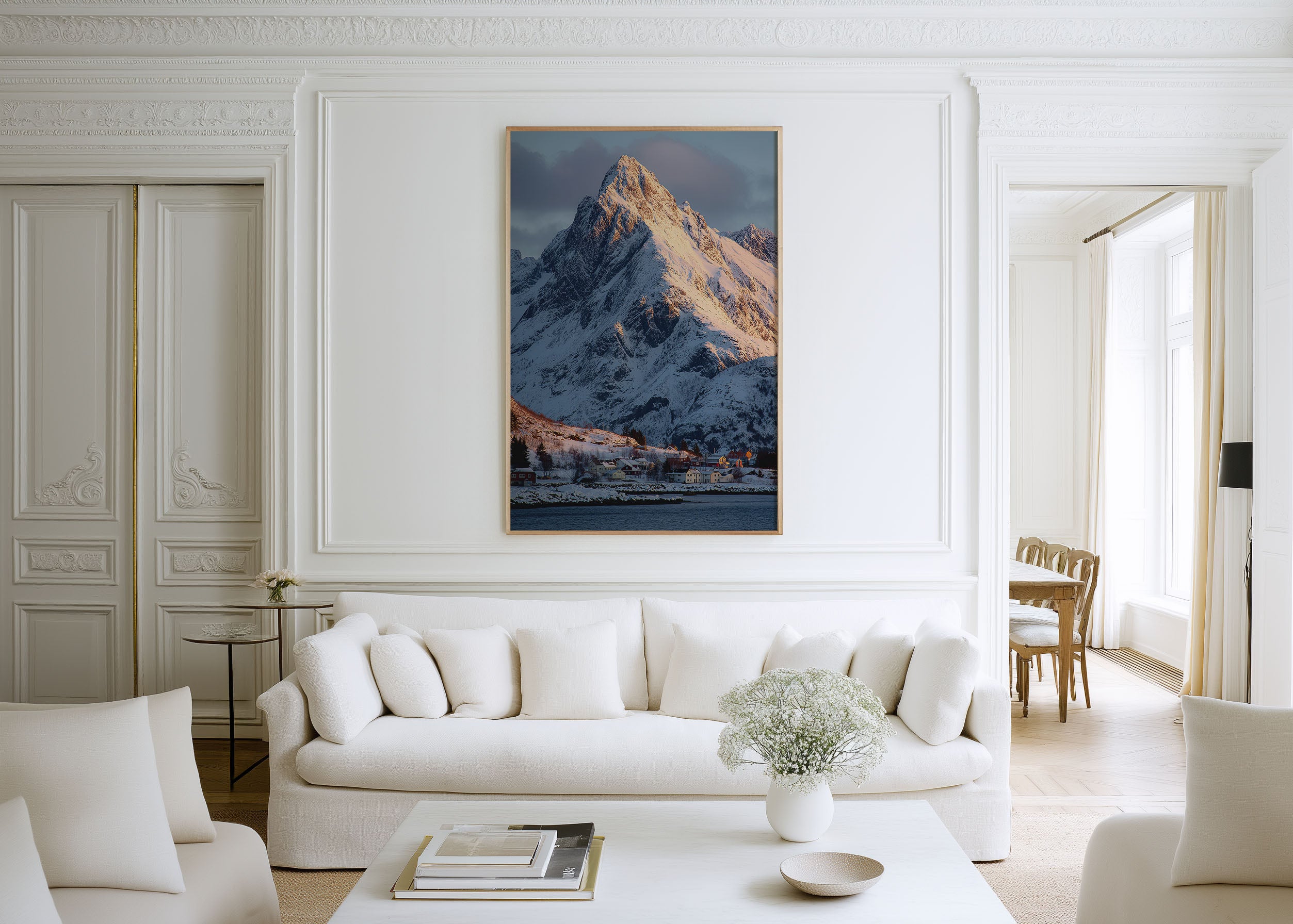 Lofoten Islands Winter Village Snowy Peak Golden Hour Wall Art Print | Norway Arctic Photography | Scandinavian Home Decor