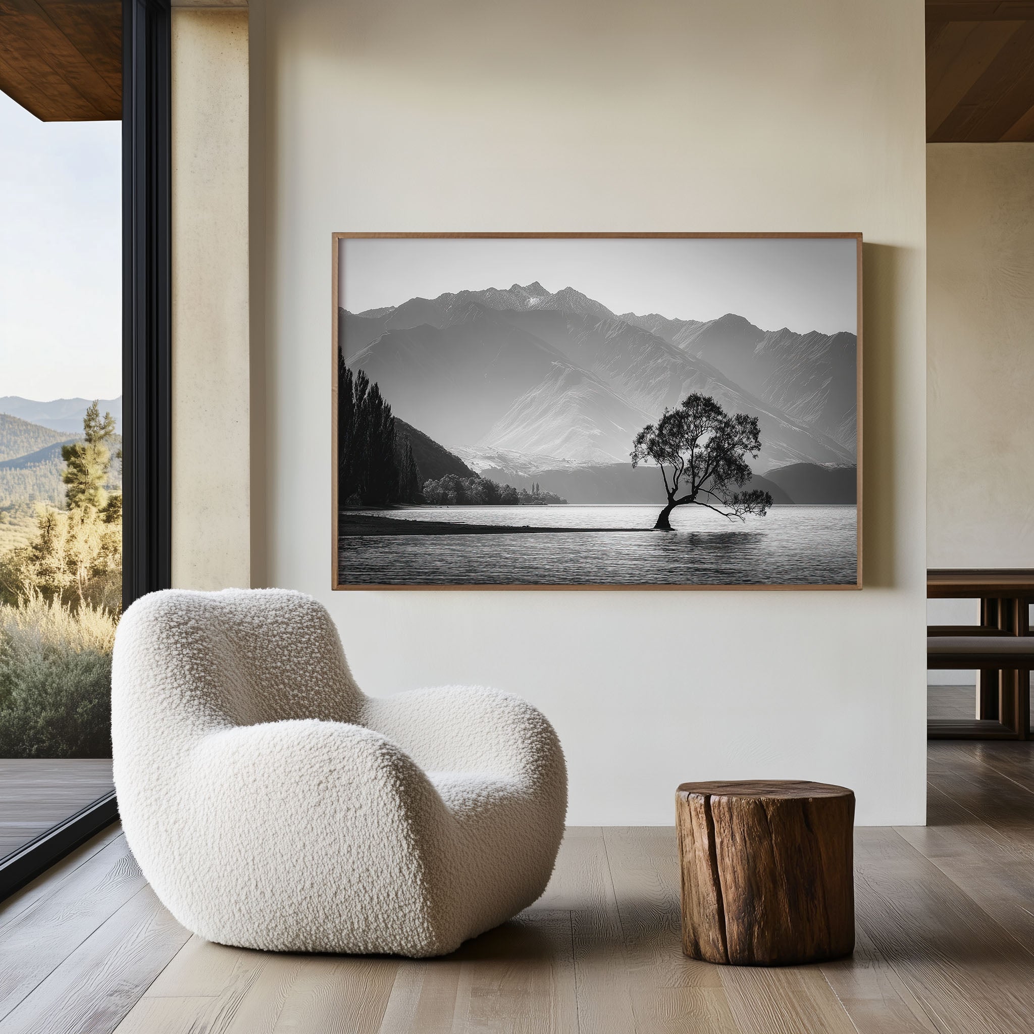 Lone Tree Wanaka Wall Art Print – Black and White Lake Landscape