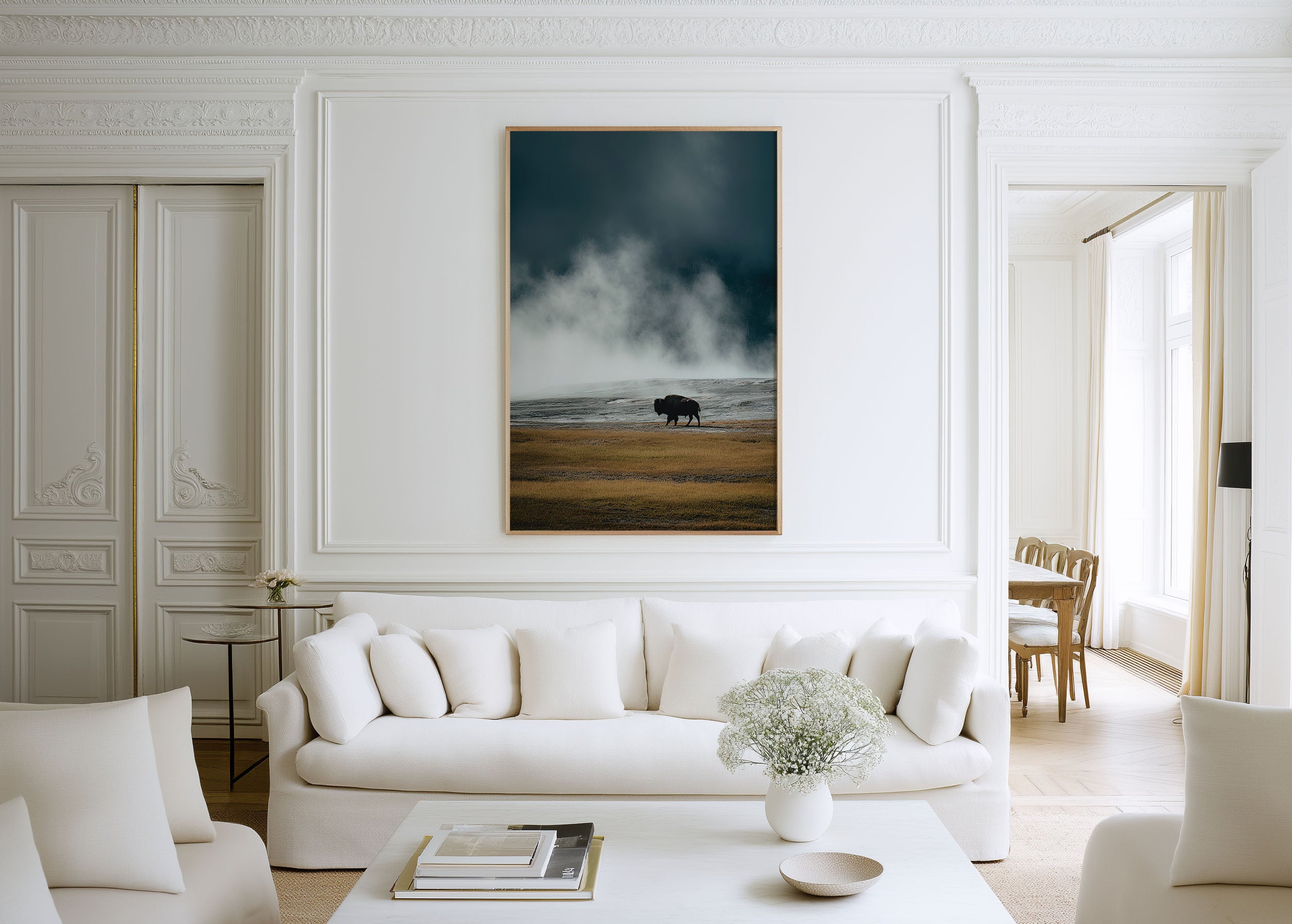 Yellowstone Lone Bison Wall Art Print | Geothermal Mist Wildlife Photography | Wyoming Landscape Poster | American West Nature Print | Minimalist Home Decor