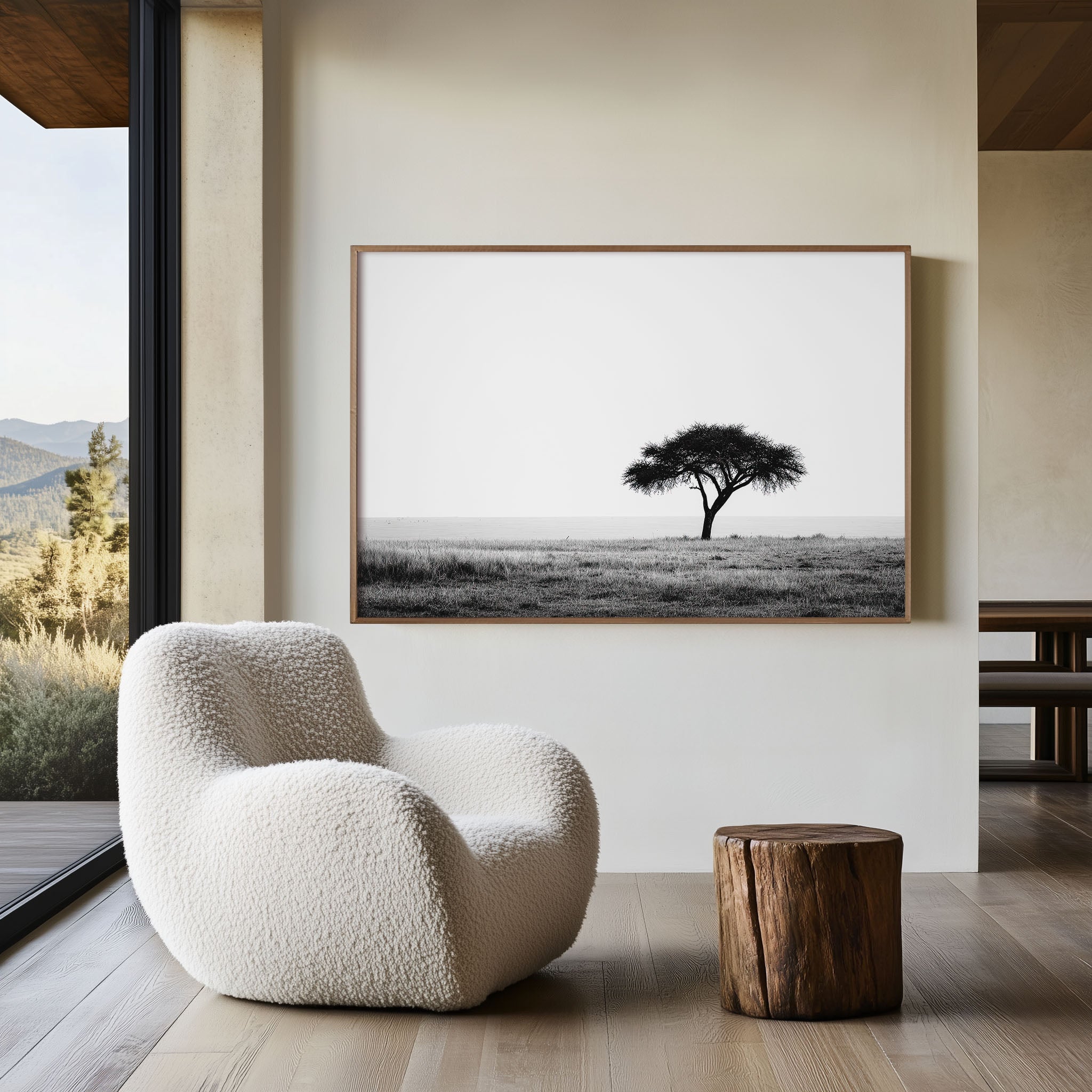 Lone Acacia Tree African Savannah Print | Black and White Safari Wall Art | Serengeti Minimalist Photography