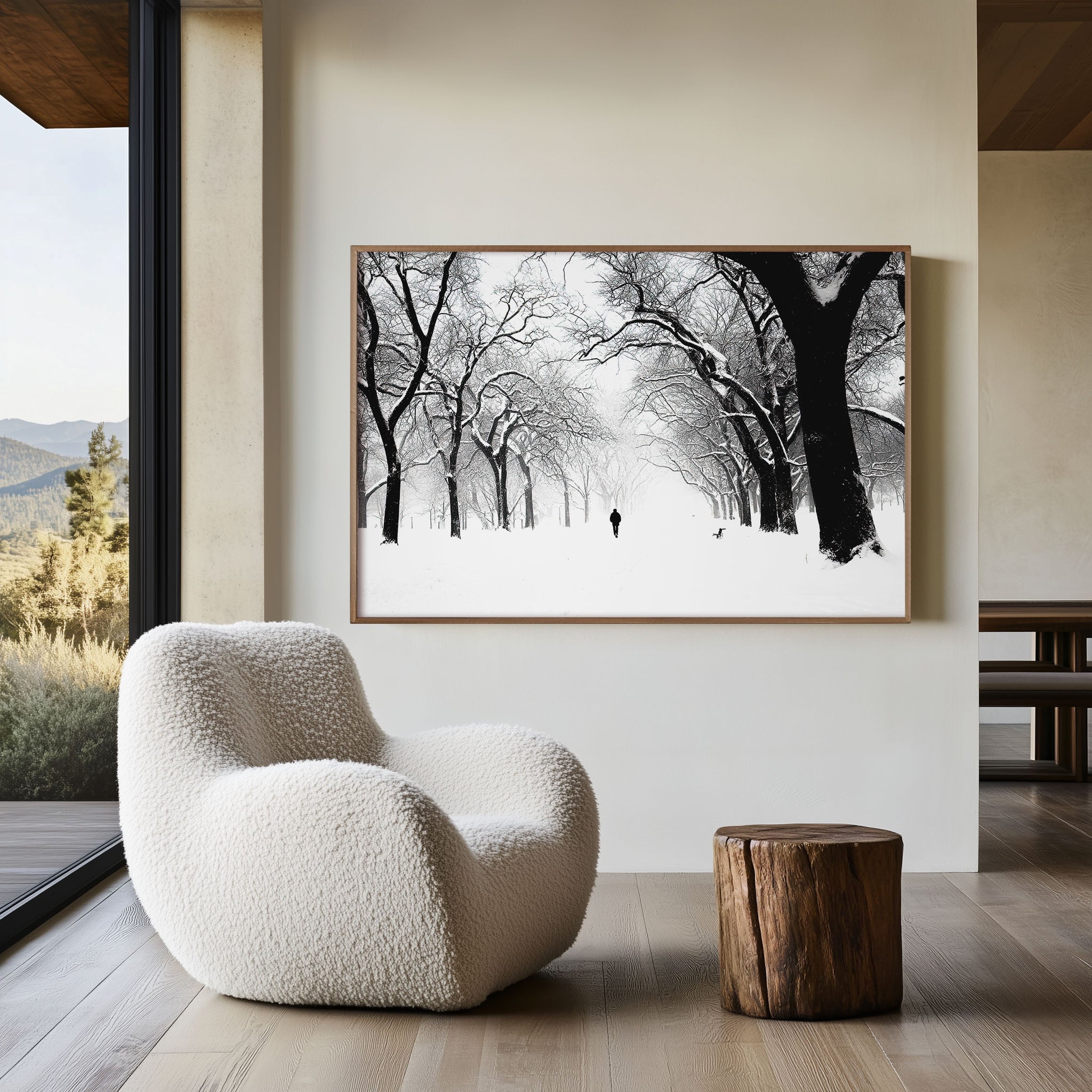 Snow-Covered Park Avenue Winter Print | Black and White Urban Trees Wall Art | Lone Figure Snowstorm Photography