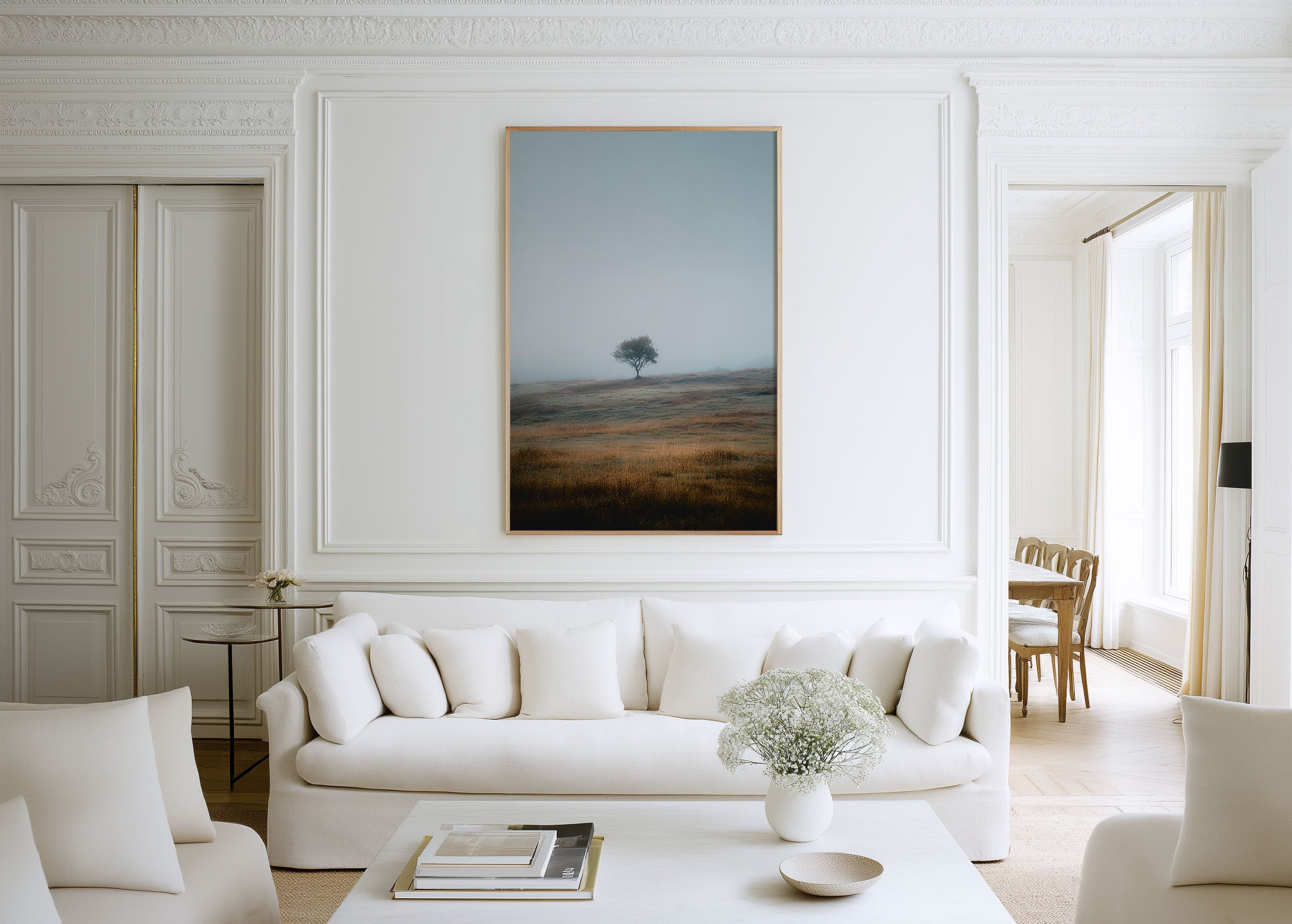 Lone Tree Misty Field Print | Minimalist Nature Wall Art | Foggy Meadow Landscape Photography
