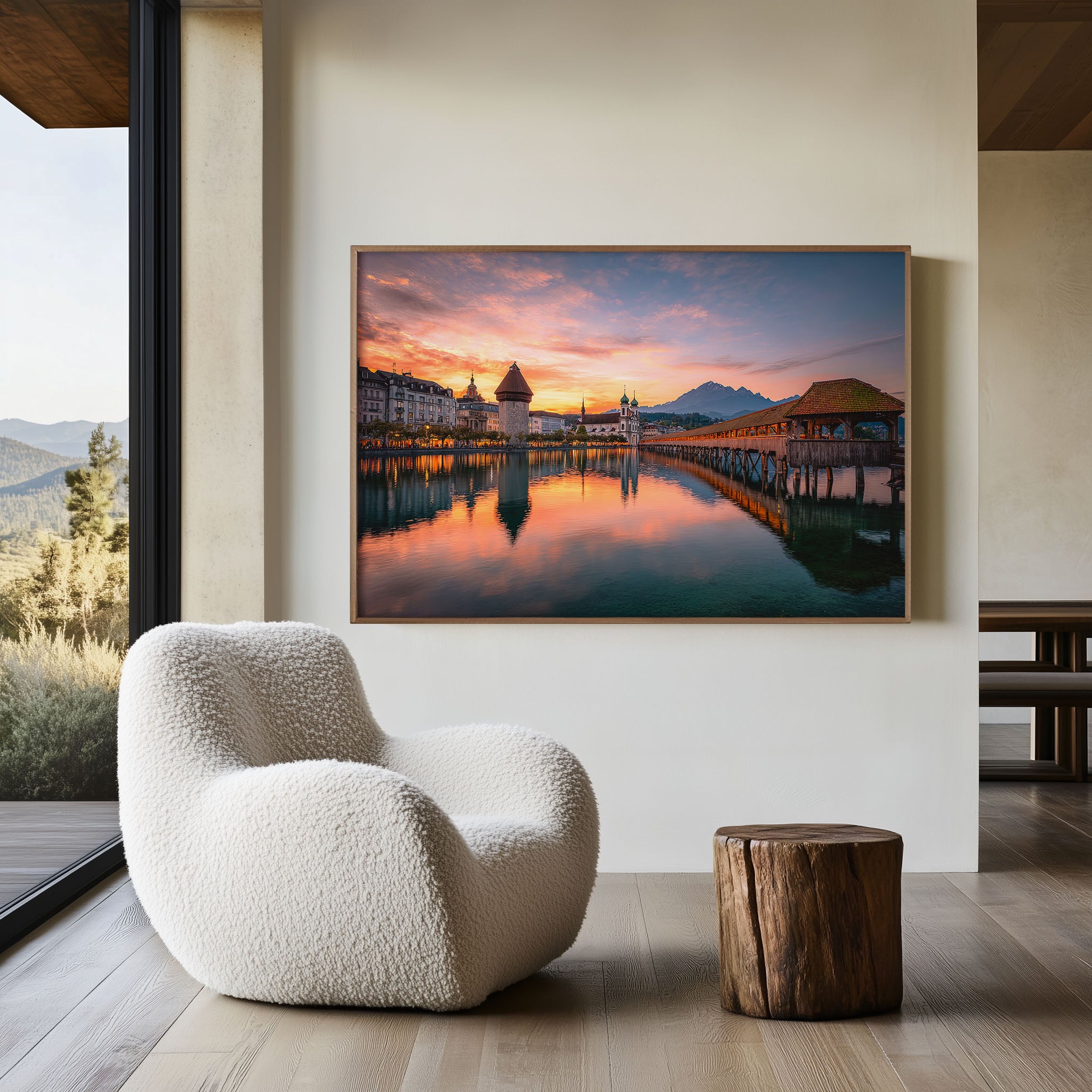 Lucerne Chapel Bridge Sunset Wall Art Print – Swiss Lake Reflection