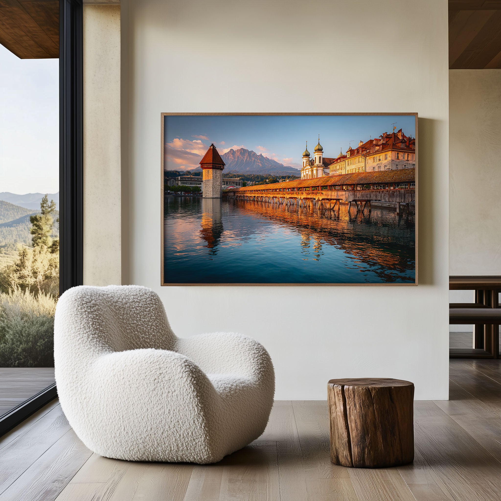 Lucerne Switzerland Wooden Bridge Wall Art Print – Chapel Bridge Lake Reflection