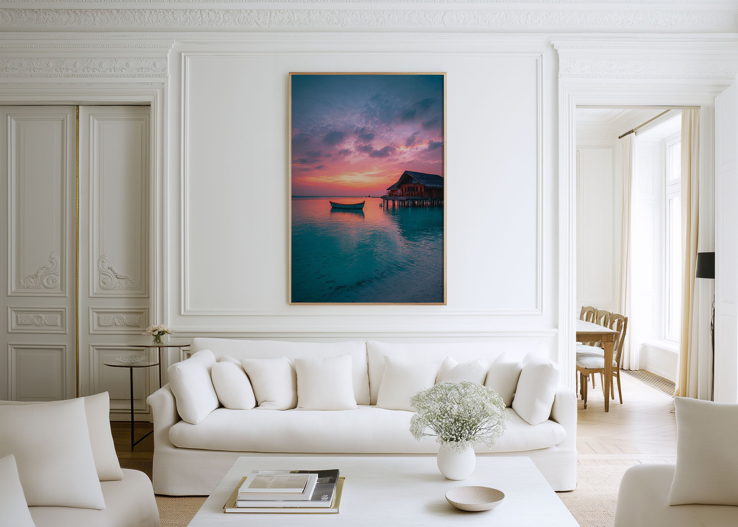 Maldives Overwater Bungalow Sunset Turquoise Lagoon Wooden Boat Wall Art Print | Maldives Travel Photography Poster | Luxury Tropical Decor