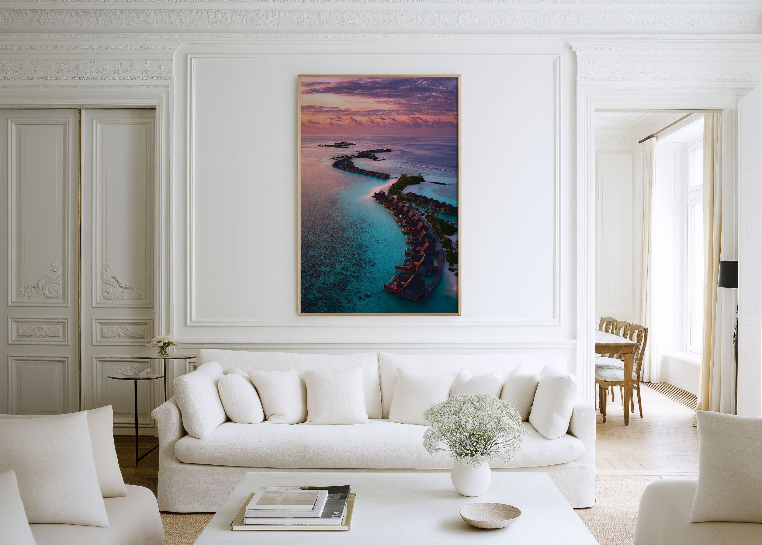 Maldives Turquoise Lagoon Aerial Sunrise Overwater Bungalows Wall Art Print | Maldives Resort Photography Poster | Luxury Island Travel Decor