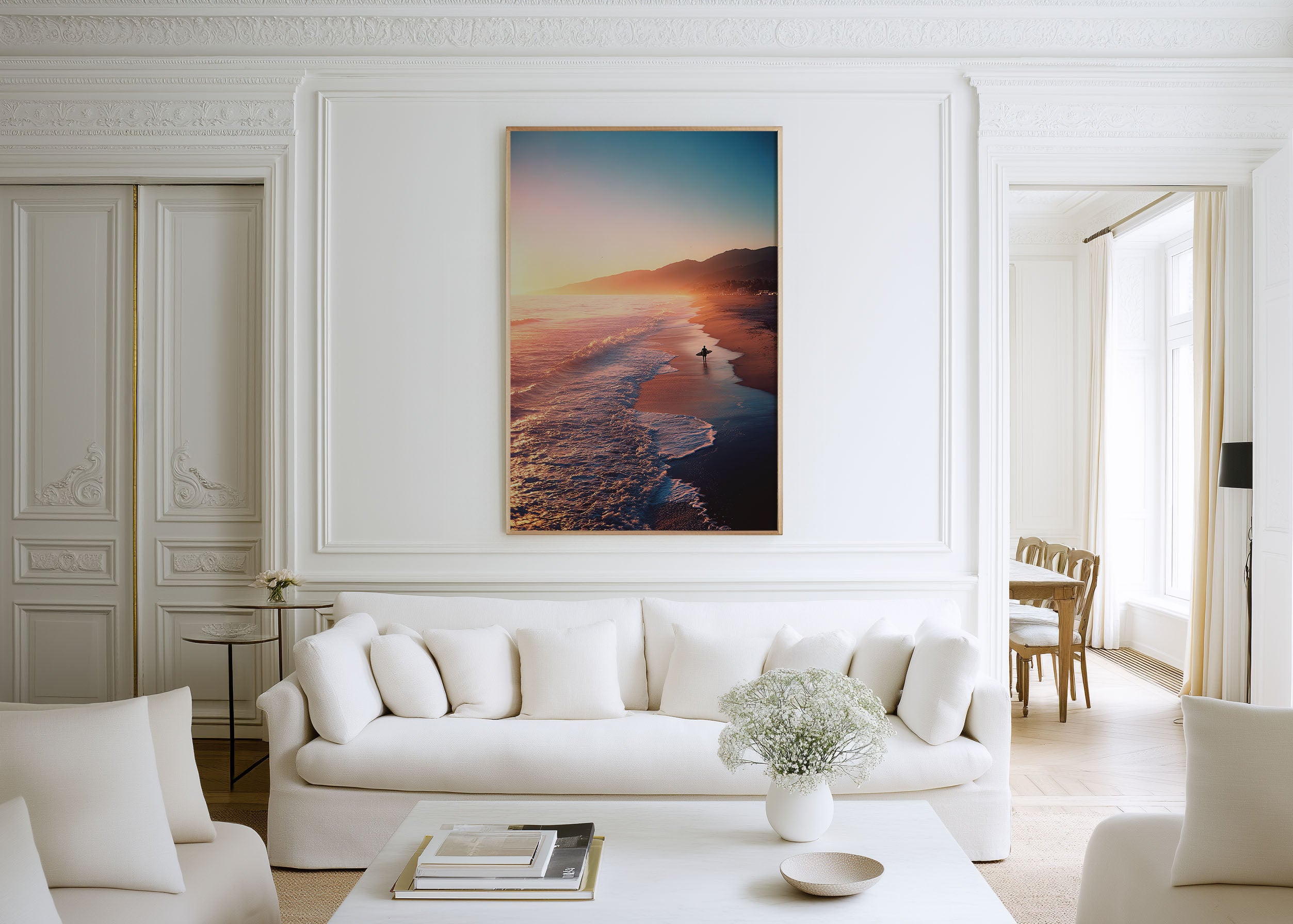 Malibu Sunset Surfer Walking Along Beach Golden Hour California Wall Art Print | Coastal Surf Photography Poster | Beach Nature Decor
