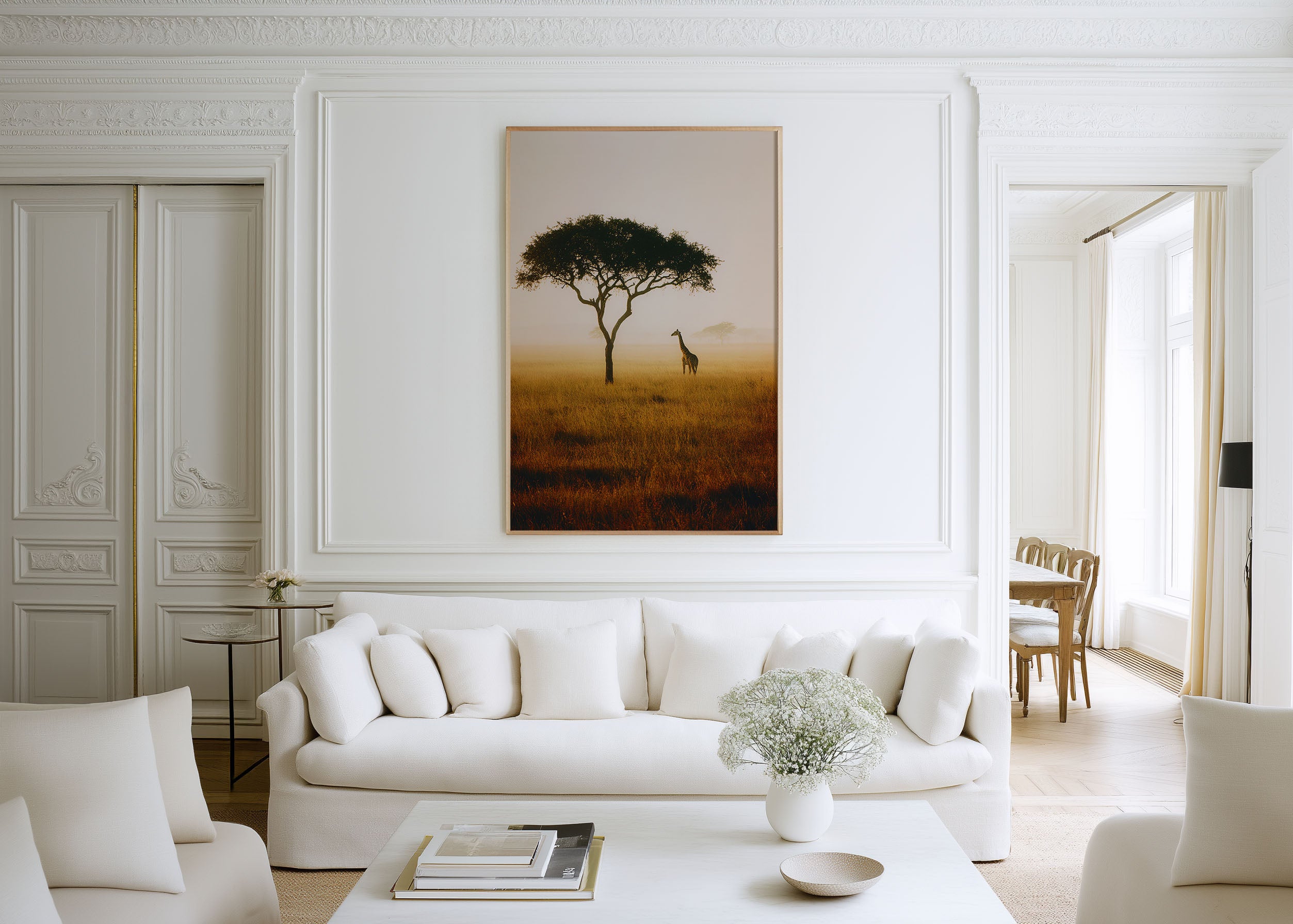 Masai Mara Golden Savannah Lone Giraffe Acacia Tree Misty Morning Wall Art Print | Kenya Africa Wildlife Photography Poster | Safari Nature Decor