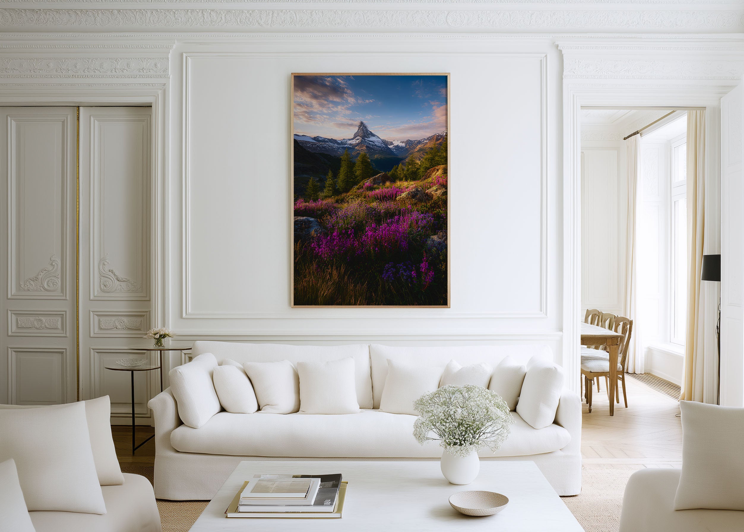 Matterhorn Wildflower Meadow Wall Art Print | Zermatt Switzerland Photography | Alpine Flowers Purple Heather Sunset Poster