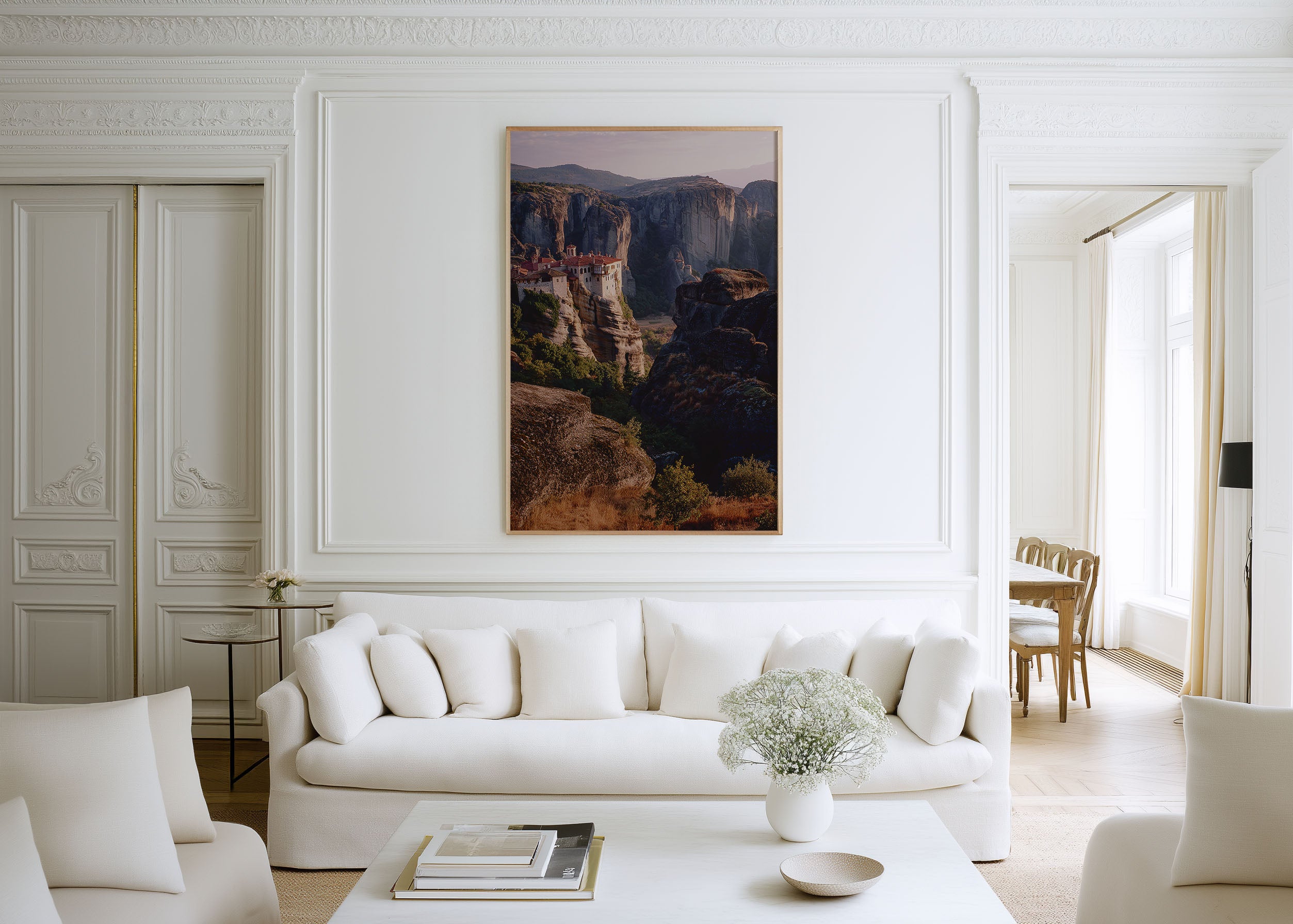 Meteora Monastery Dusk Wall Art Print | Greece Roussanou Rock Pillar Twilight Photography | Greek Travel Poster | Romantic Spiritual Home Decor