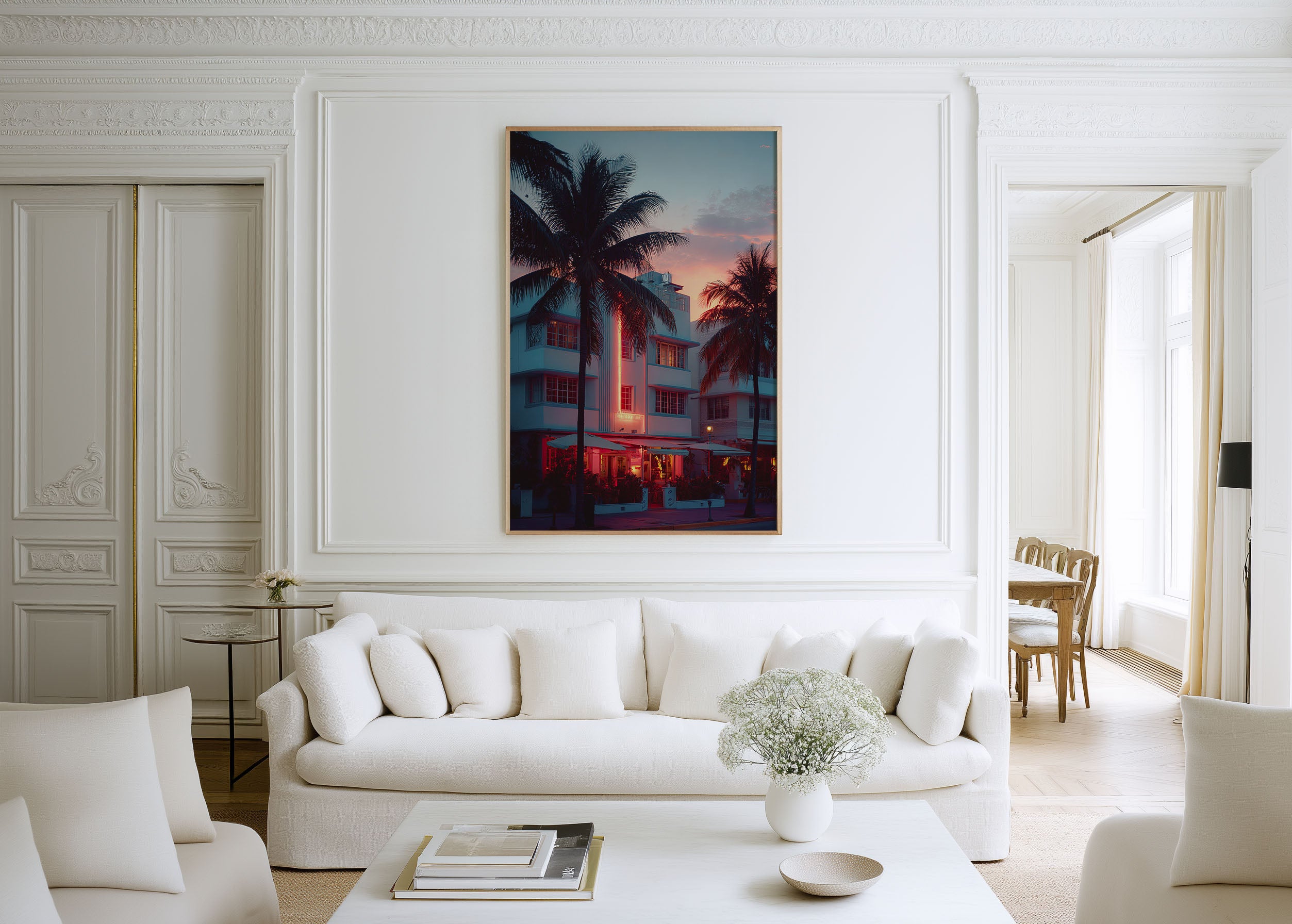 Miami Ocean Drive Neon Hotel Wall Art | Palm Tree Sunset Canvas Print