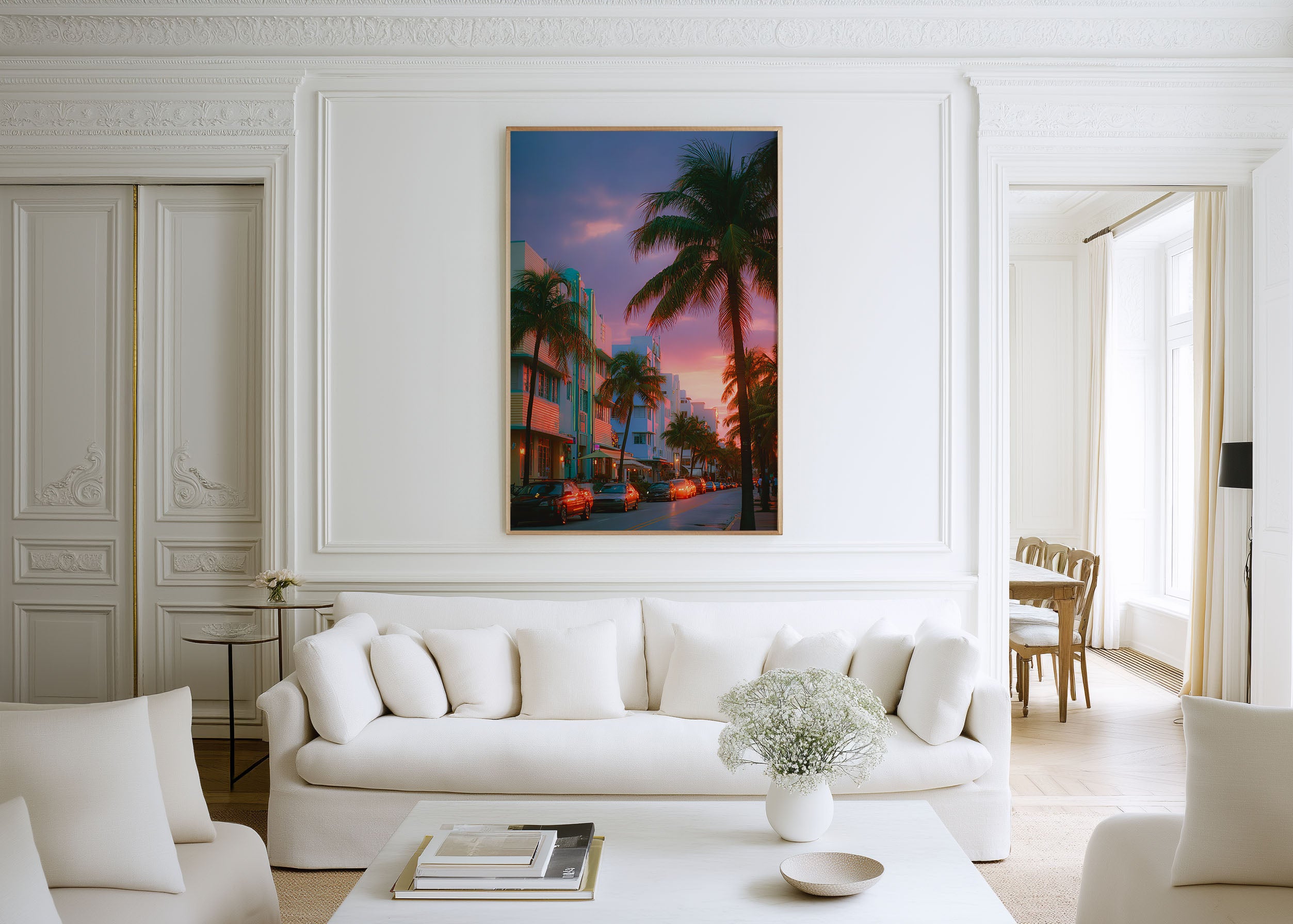 Miami Ocean Drive Sunset Palm Street Wall Art | Art Deco Coastal Print