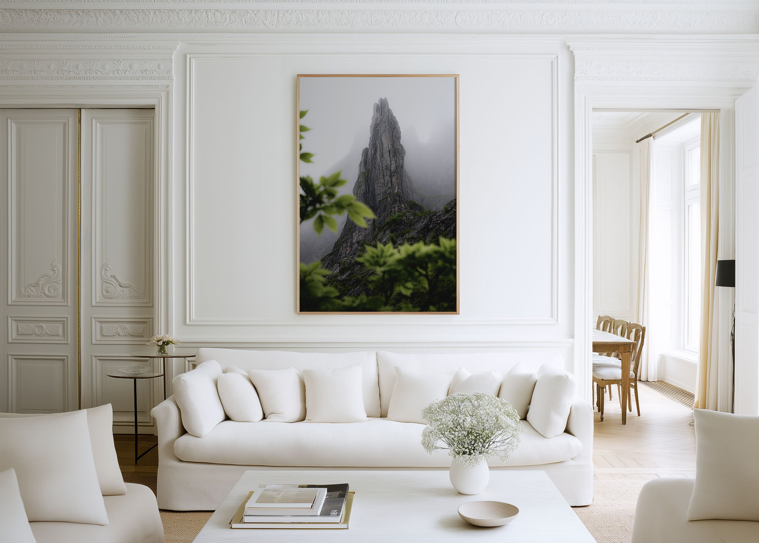 Misty Rock Spire Through Leaves Wall Art Print | Norway Lofoten Foggy Mountain Photography | Dramatic Peak Green Forest Poster