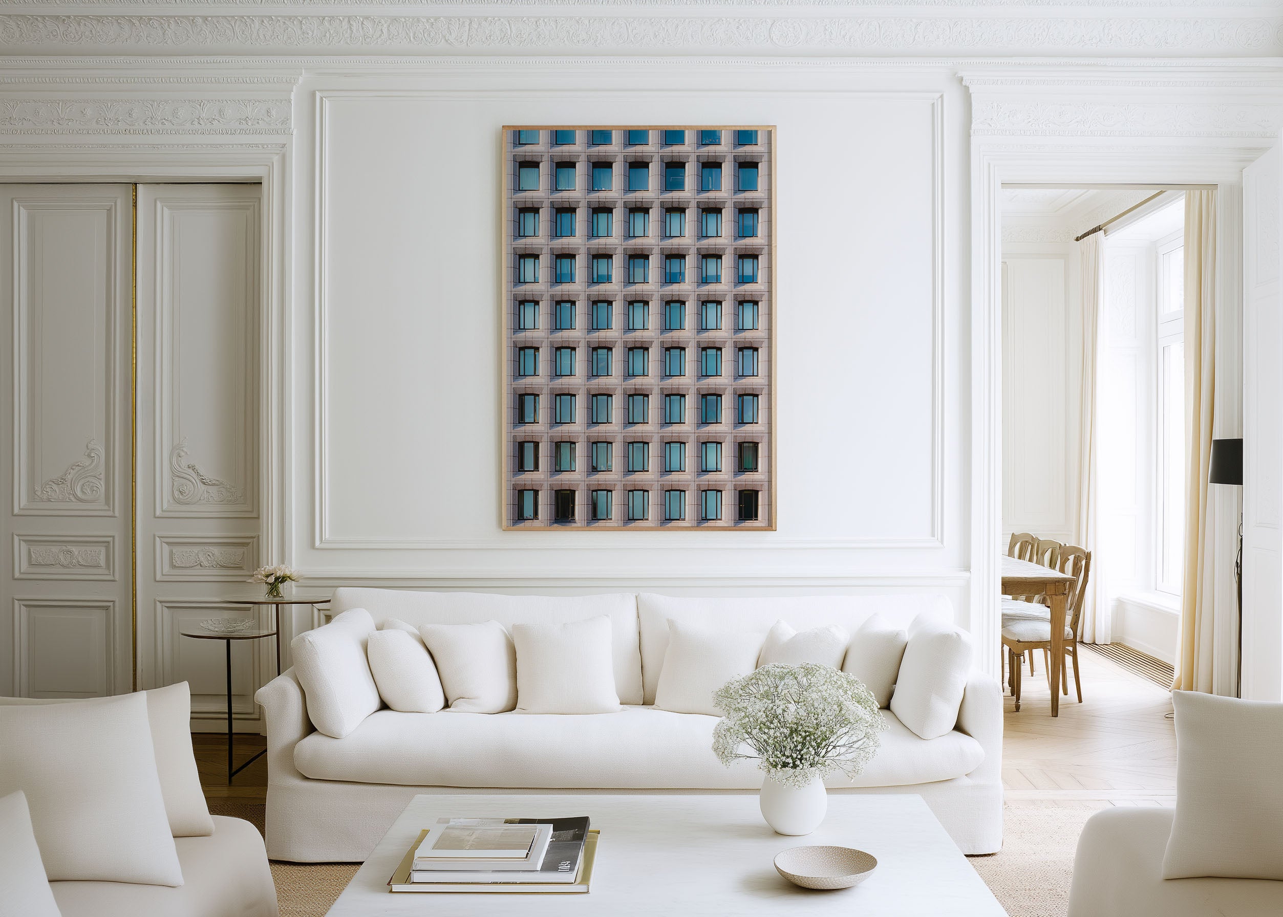 Modern Geometry Facade Wall Art – Minimalist Architecture Canvas Print, Grid Window Building Decor