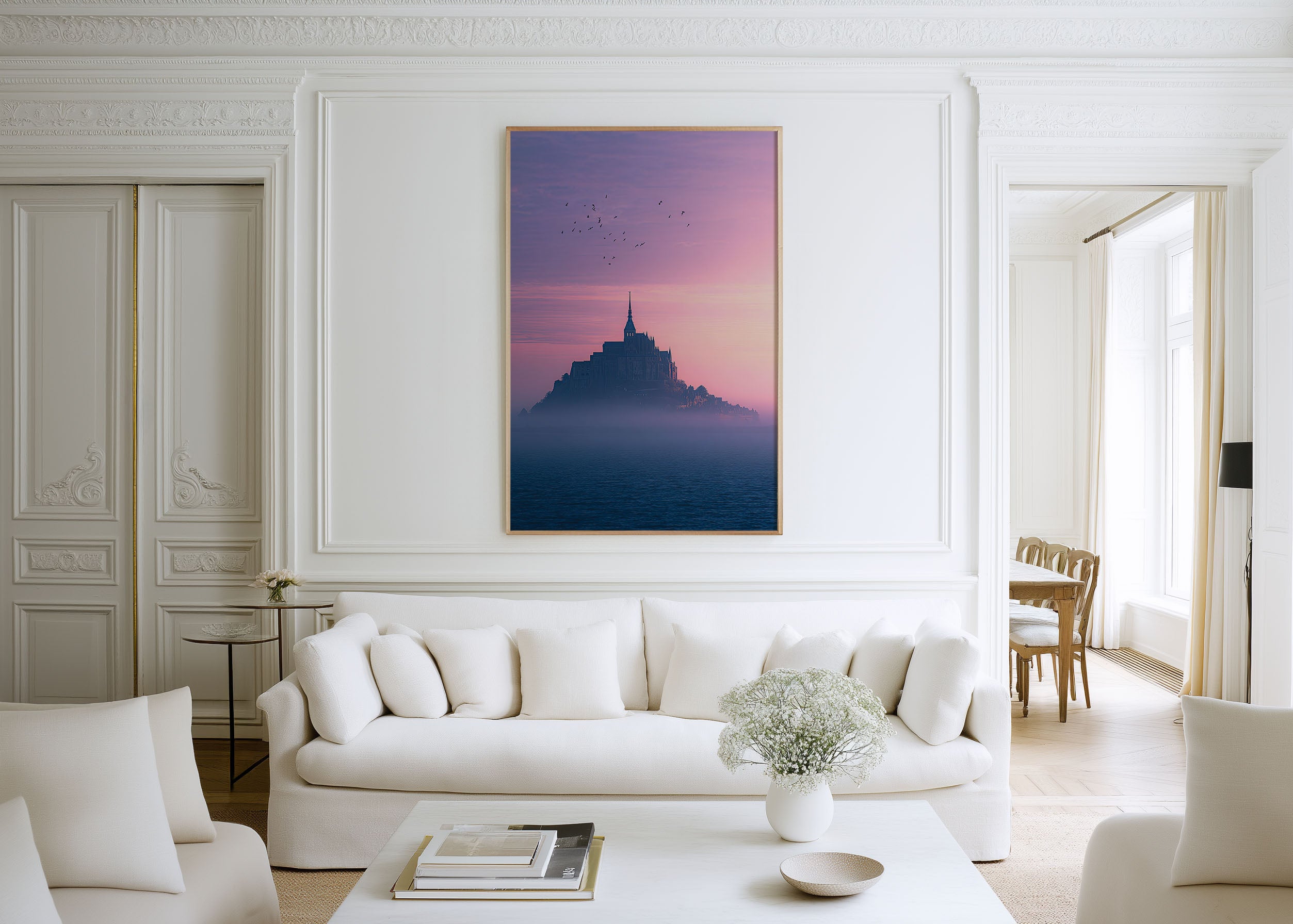 Mont Saint-Michel France Print | Pink Sunset Foggy Castle Wall Art | Normandy Travel Photography