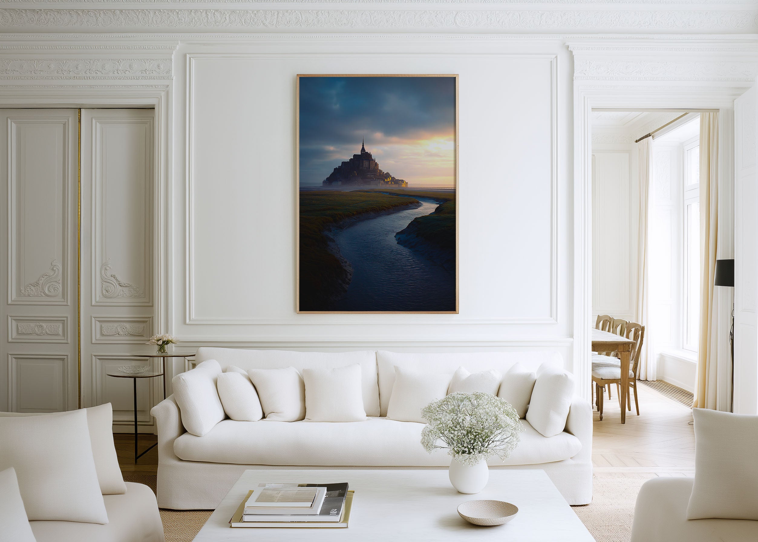 Mont Saint-Michel Misty Sunrise River Normandy France Wall Art Print | French Landmark Travel Photography Poster | Medieval Architecture Decor