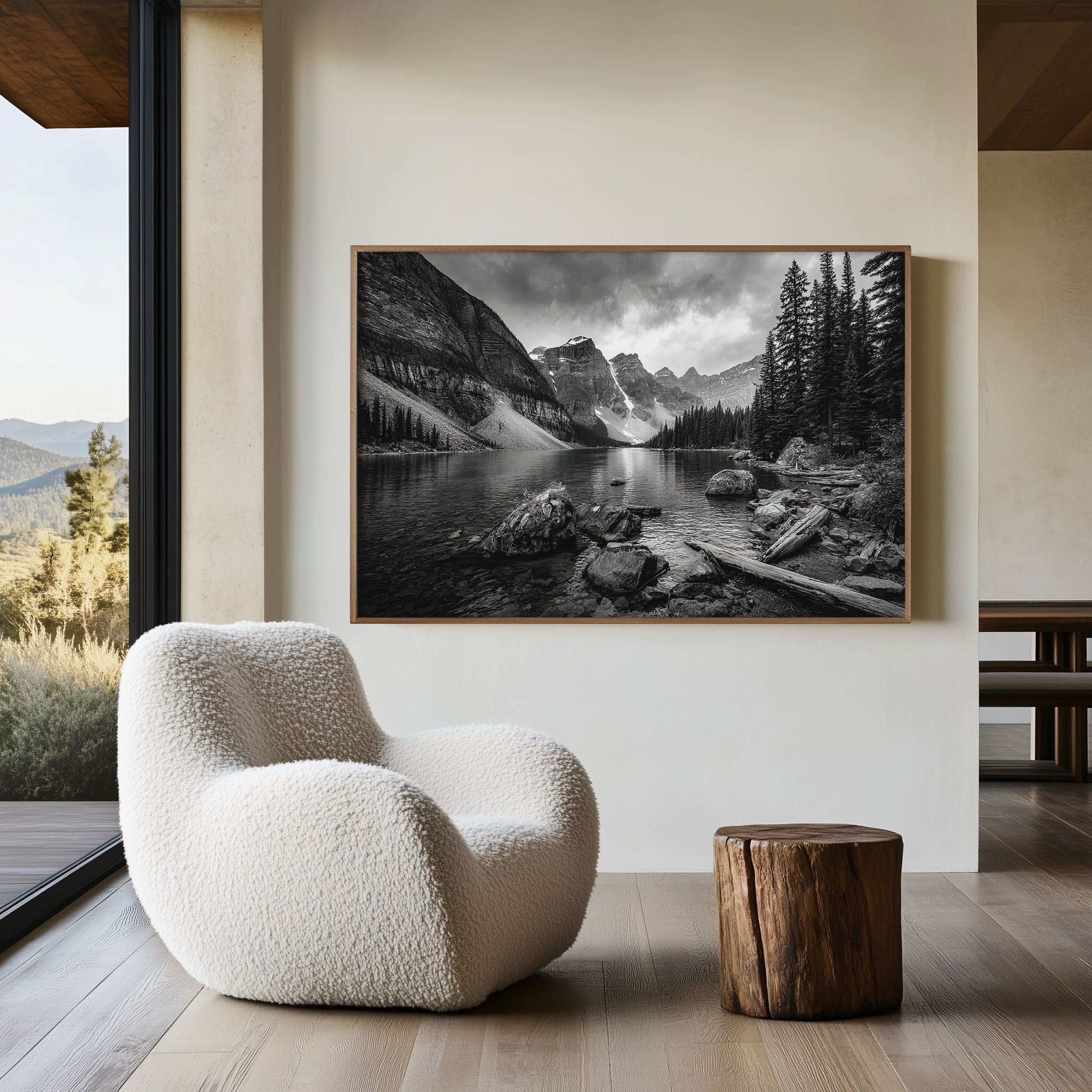 Moraine Lake Black and White Wall Art Print – Mountain Landscape Canvas