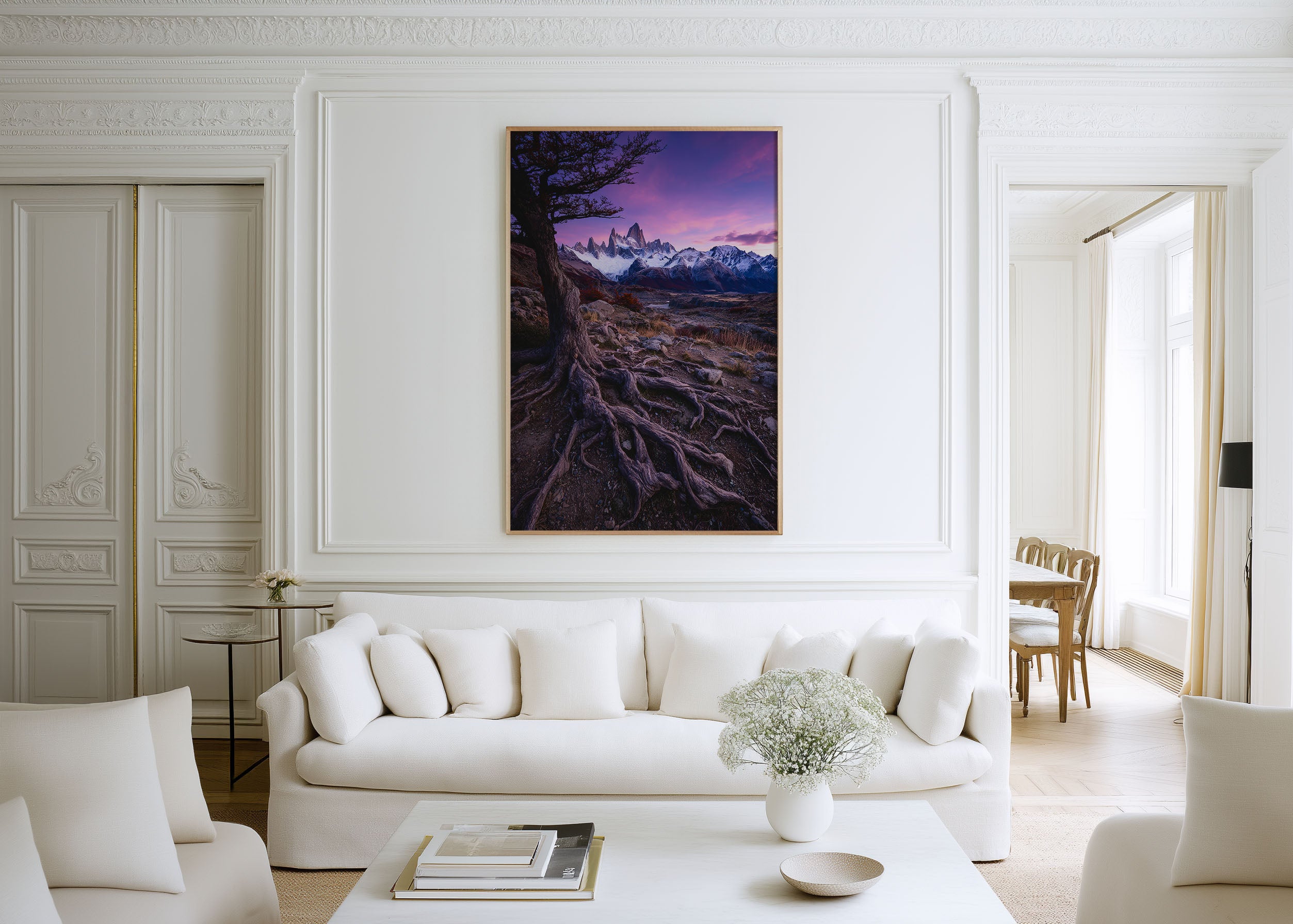 Mount Fitz Roy Purple Sunrise Tree Roots Print | Patagonia Violet Sky Wall Art | El Chaltén Ancient Tree Landscape Photography Poster