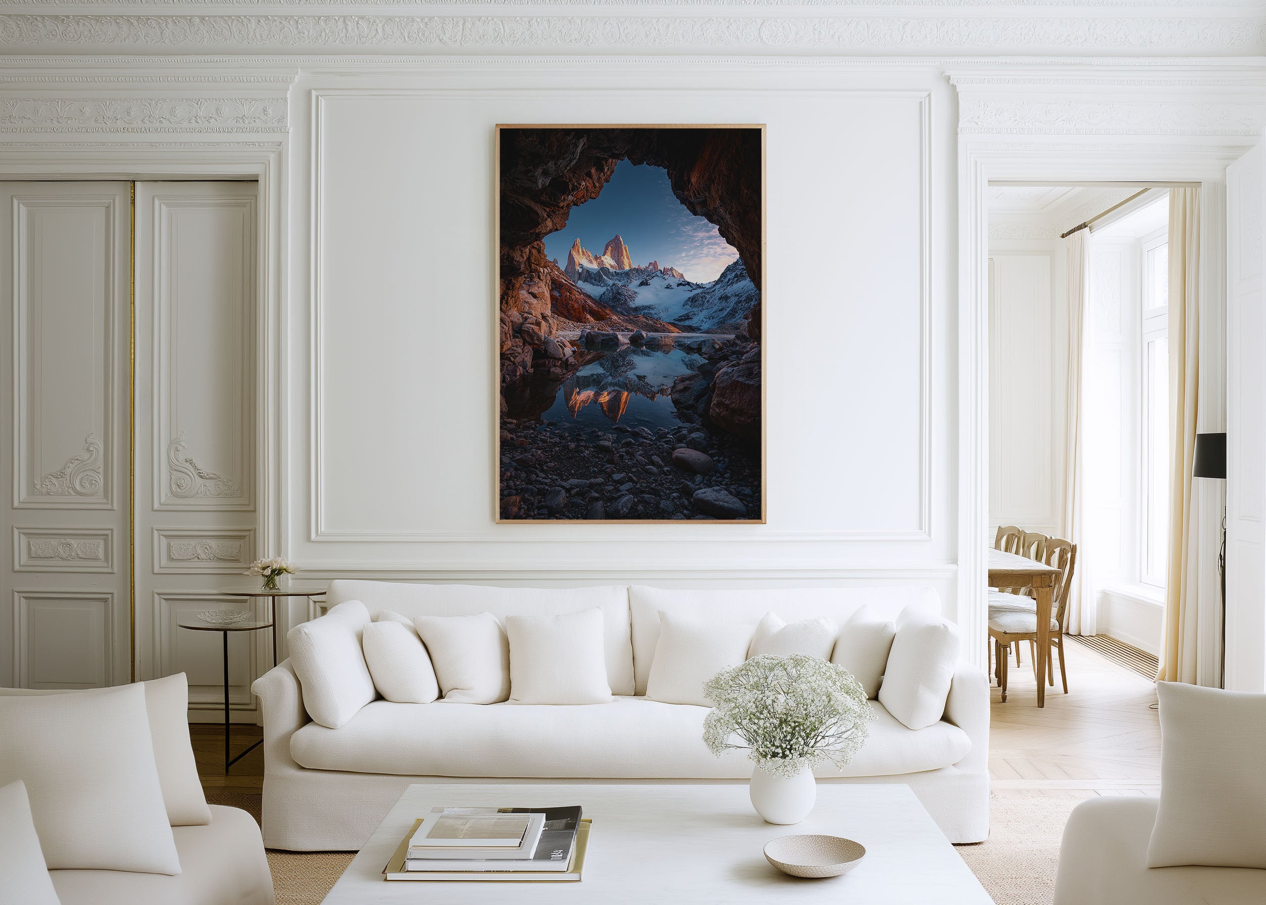 Mount Fitz Roy Cave Frame Reflection Print | Patagonia Rock Cave Wall Art | El Chaltén Alpine Lake Sunrise Landscape Photography Poster