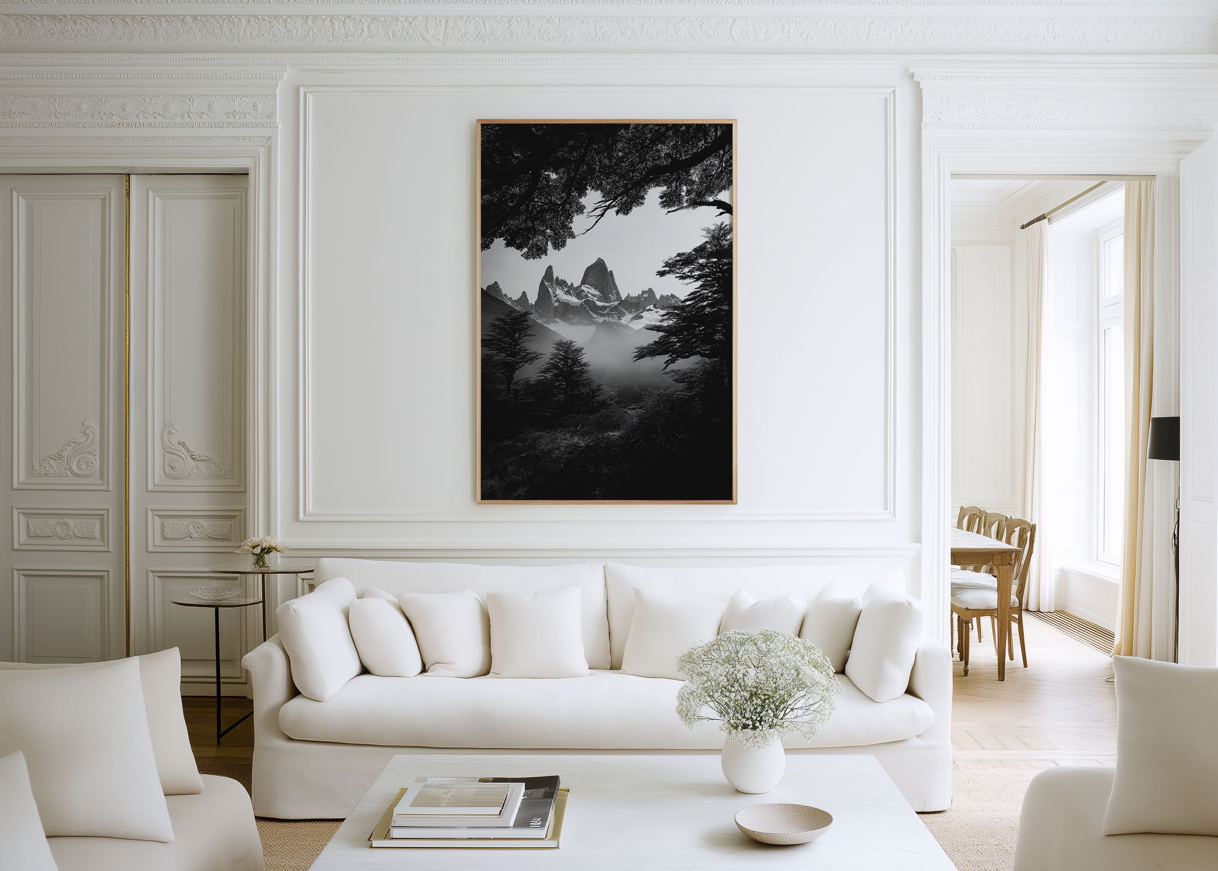 Mount Fitz Roy Black and White Print | Patagonia Monochrome Wall Art | Misty Forest Mountain Landscape Photography Poster