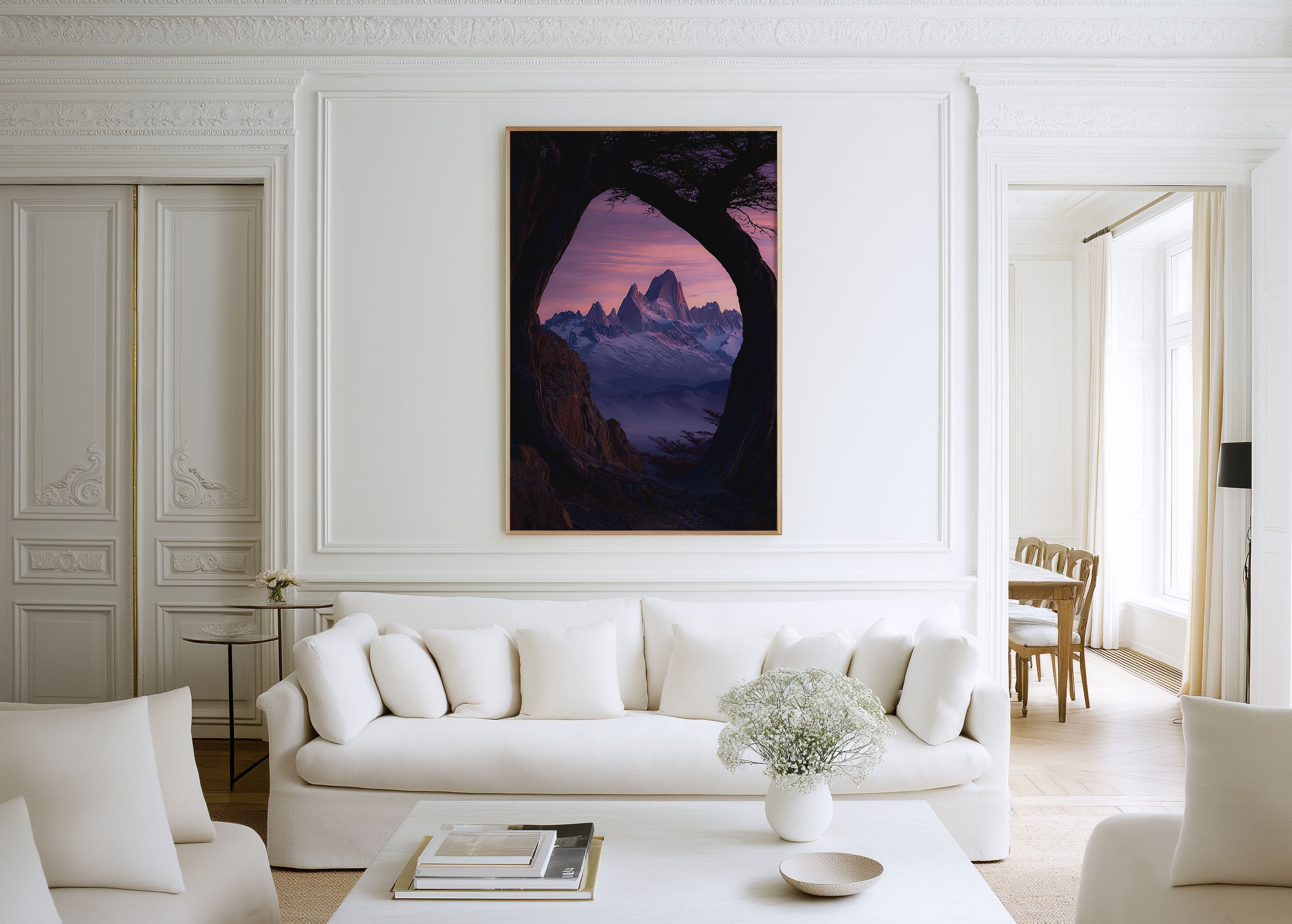 Mount Fitz Roy Pink Sunset Tree Arch Print | Patagonia Rose Sky Wall Art | El Chaltén Natural Frame Landscape Photography Poster