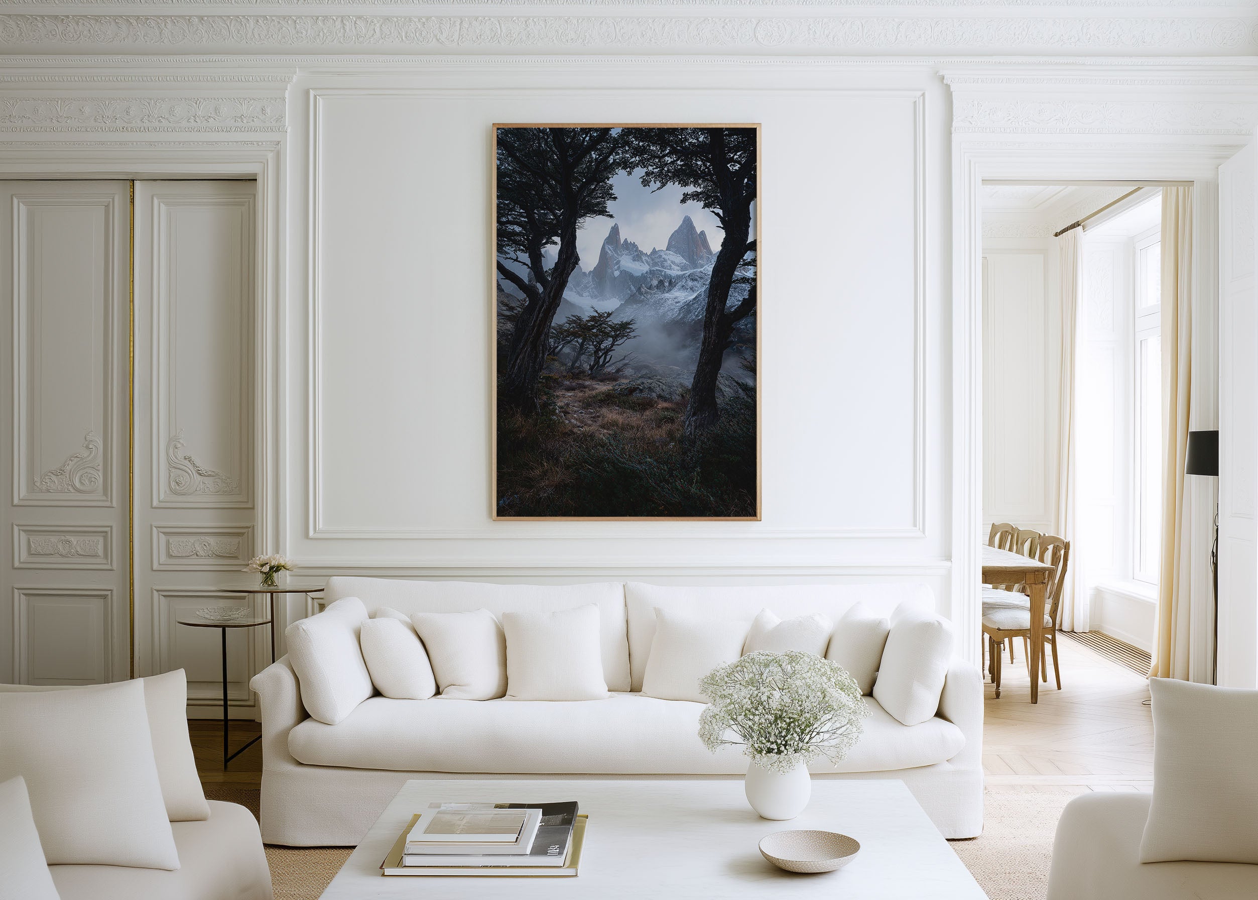 Mount Fitz Roy Winter Storm Print | Patagonia Dark Moody Wall Art | El Chaltén Twisted Trees Fog Landscape Photography Poster