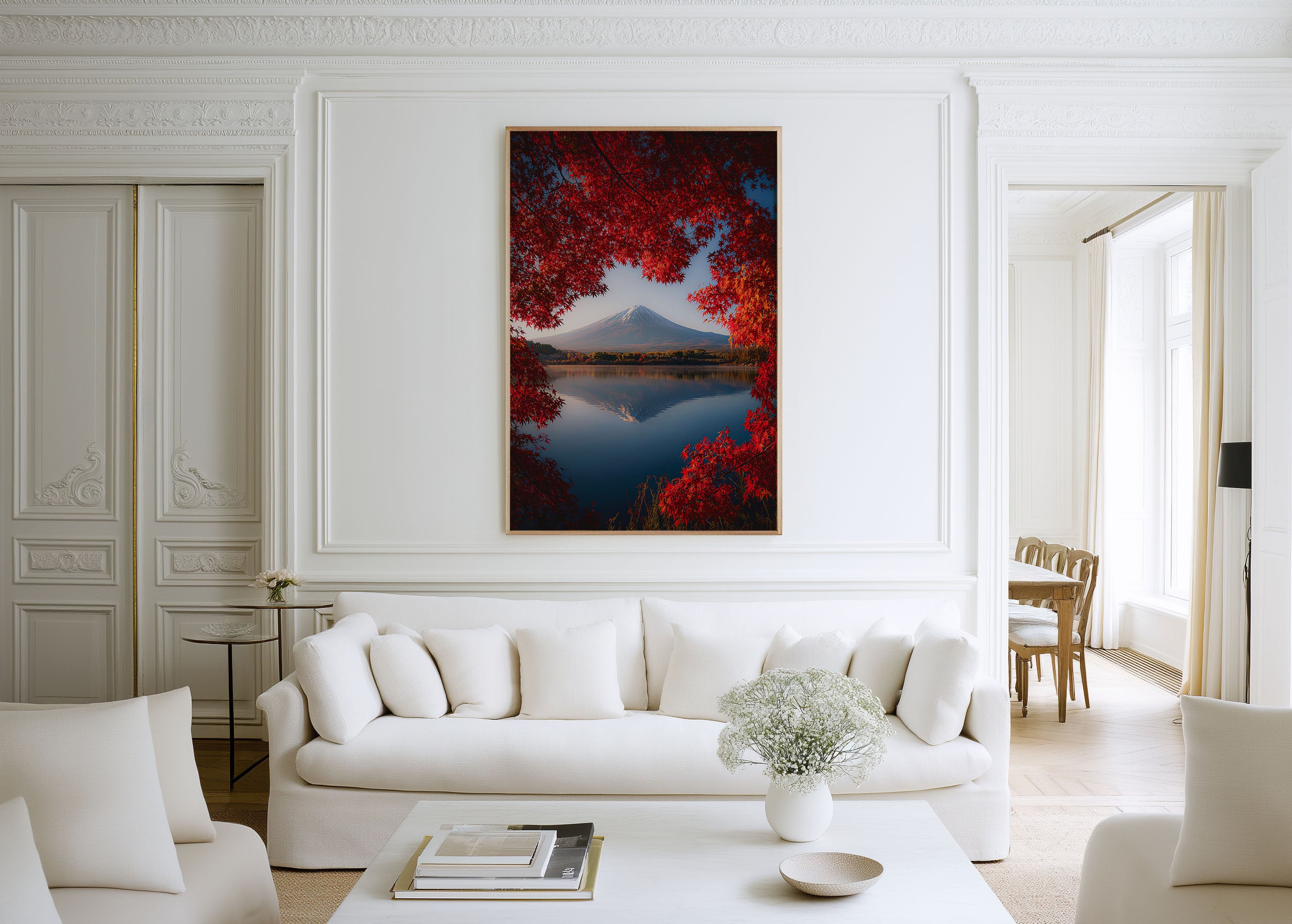 Mount Fuji Autumn Red Maple Reflection Wall Art Print | Japan Lake Kawaguchiko Photography | Fuji Momiji Landscape Poster