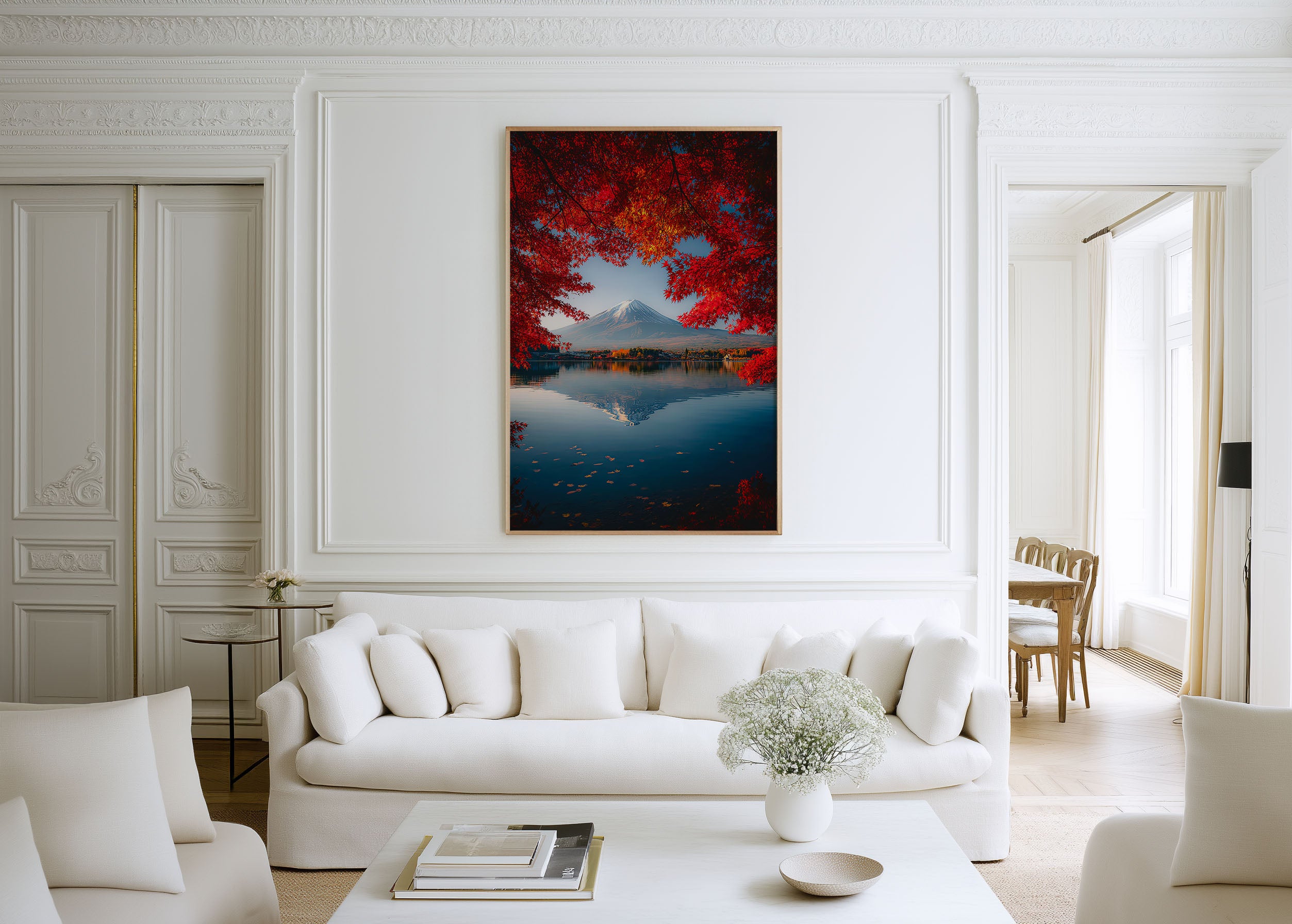 Mount Fuji Red Maple Lake Reflection Wall Art Print | Japan Autumn Kawaguchiko Photography | Fallen Leaves Fuji Poster