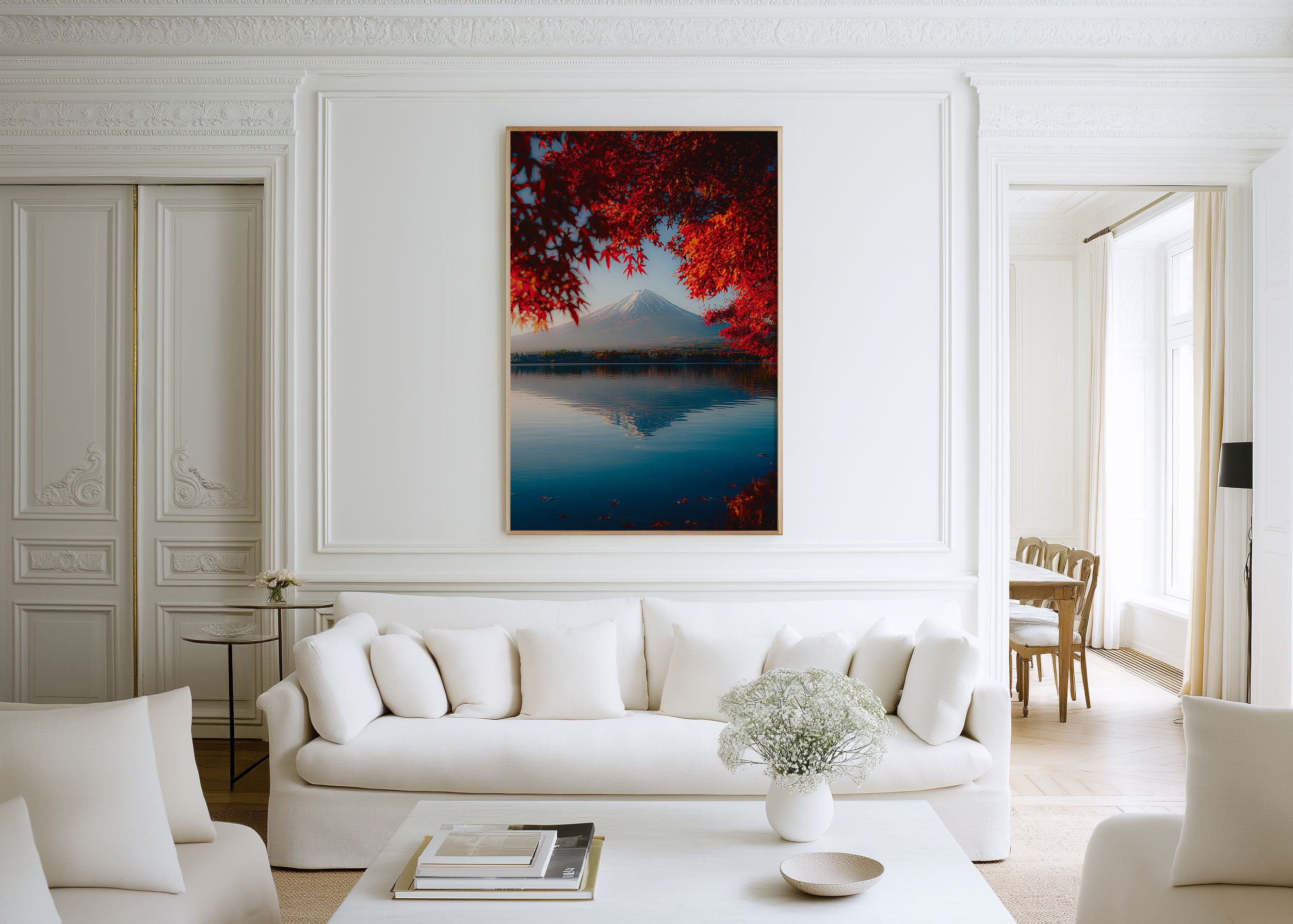 Mount Fuji Maple Bokeh Lake Wall Art Print | Japan Kawaguchiko Autumn Photography | Fuji Reflection Blue Water Poster