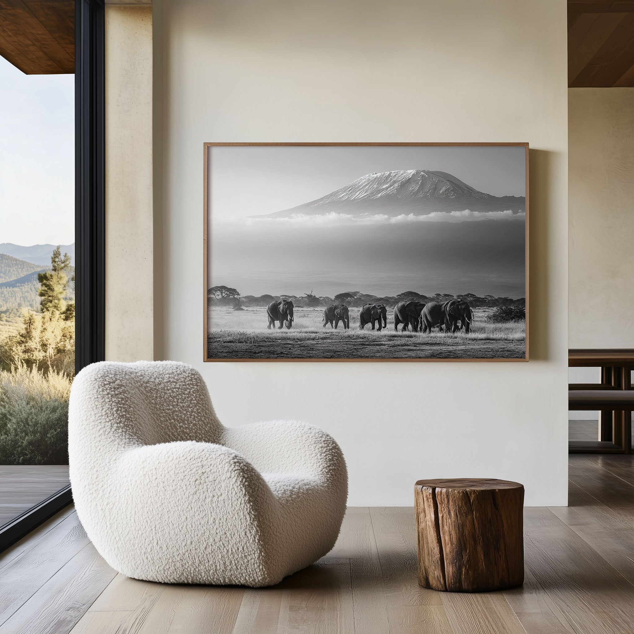 Mount Kilimanjaro Elephants Black & White Wall Art Print
