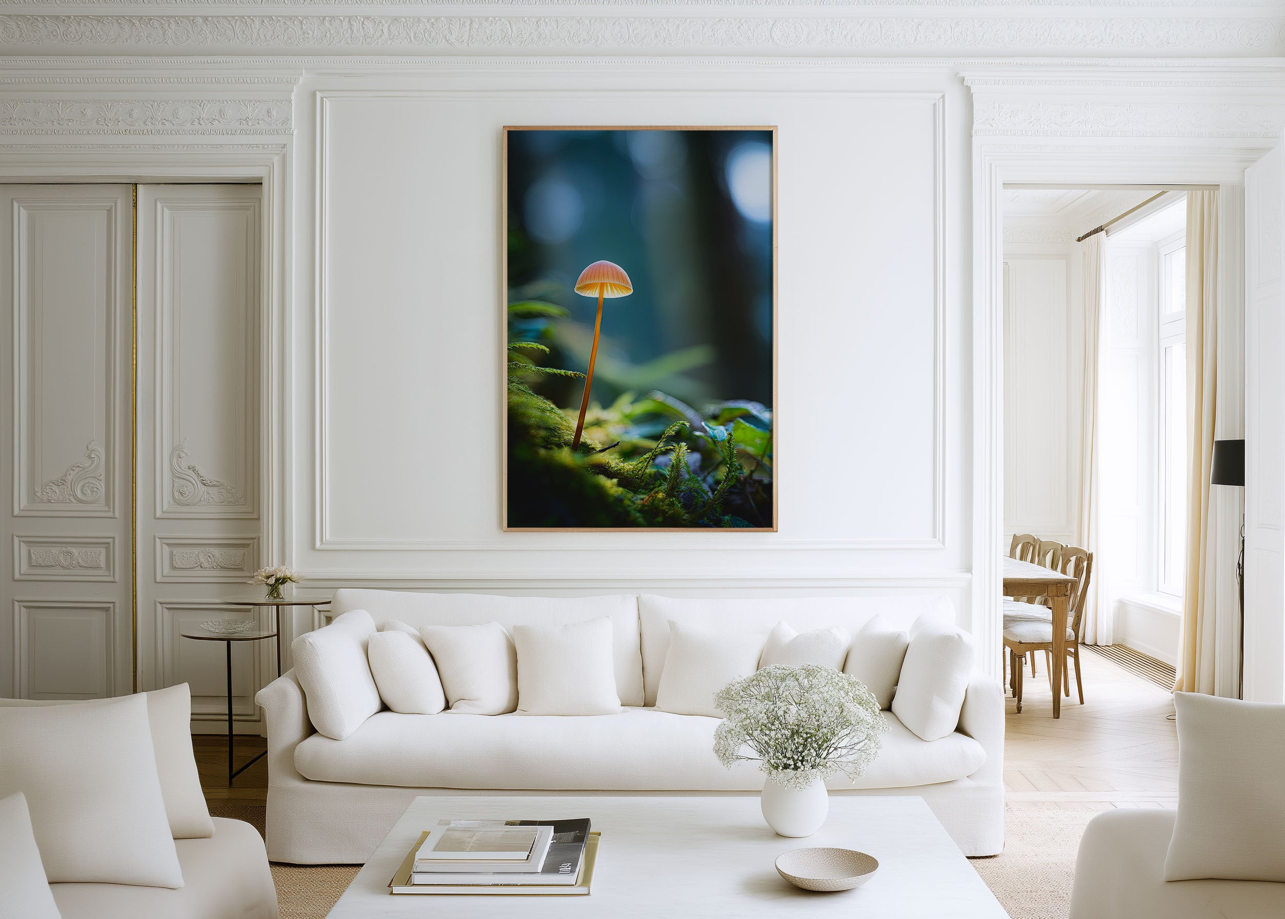 Glowing Forest Mushroom Macro Wall Art Print | Enchanted Woodland Fungi Photography | Moss Bokeh Nature Poster