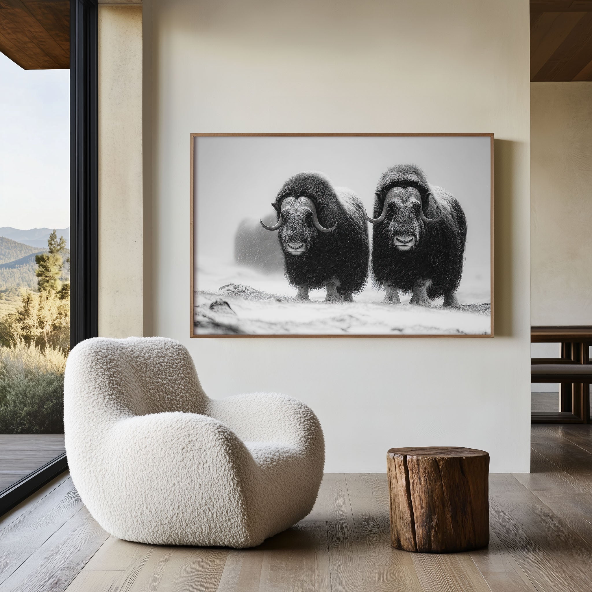Musk Ox Pair Black & White Wildlife Wall Art Print