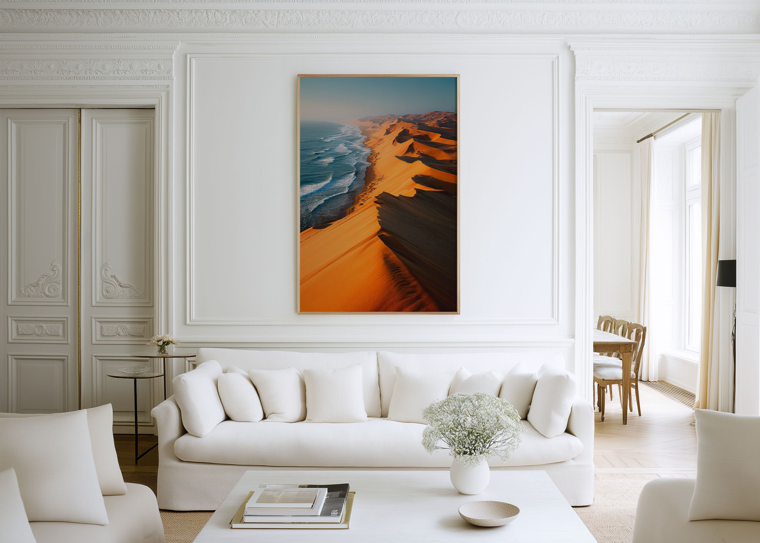 Namibia Sand Dunes Meeting Atlantic Coast Aerial Dawn Wall Art Print | Skeleton Coast Africa Photography Poster | Desert Ocean Landscape Decor