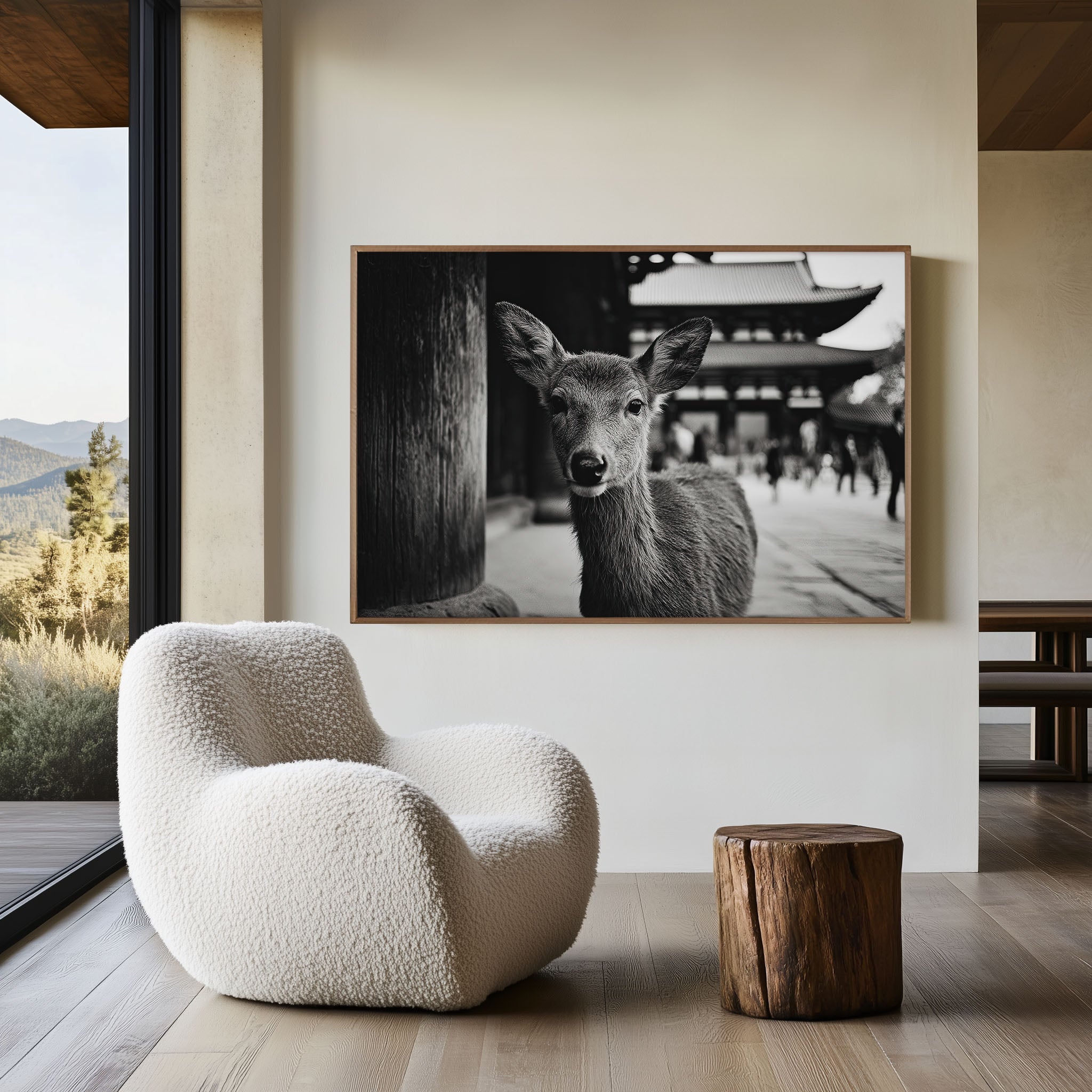 Nara Deer Temple Japan Wall Art Print, Black White Wildlife