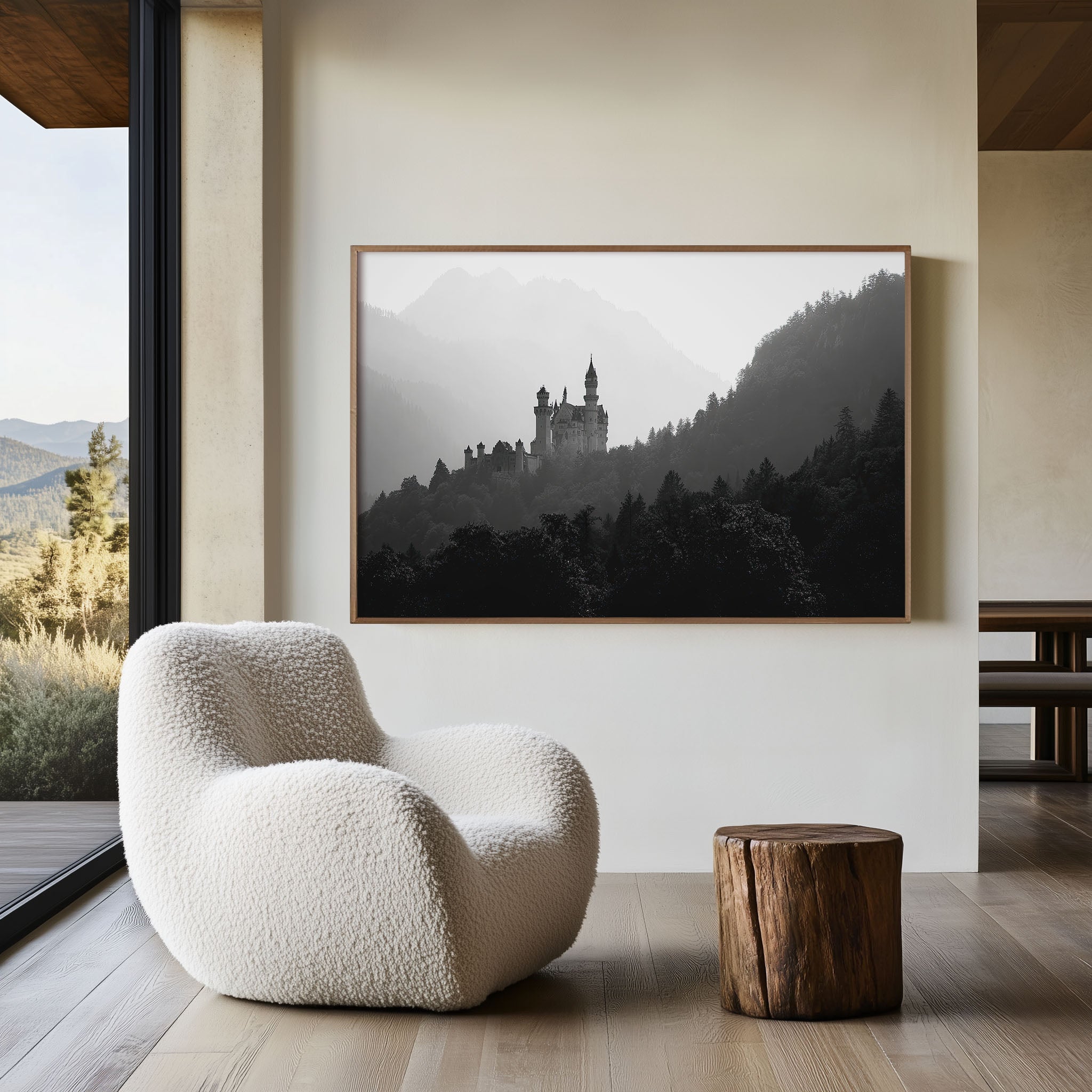 Neuschwanstein Castle Mist Black & White Wall Art Print