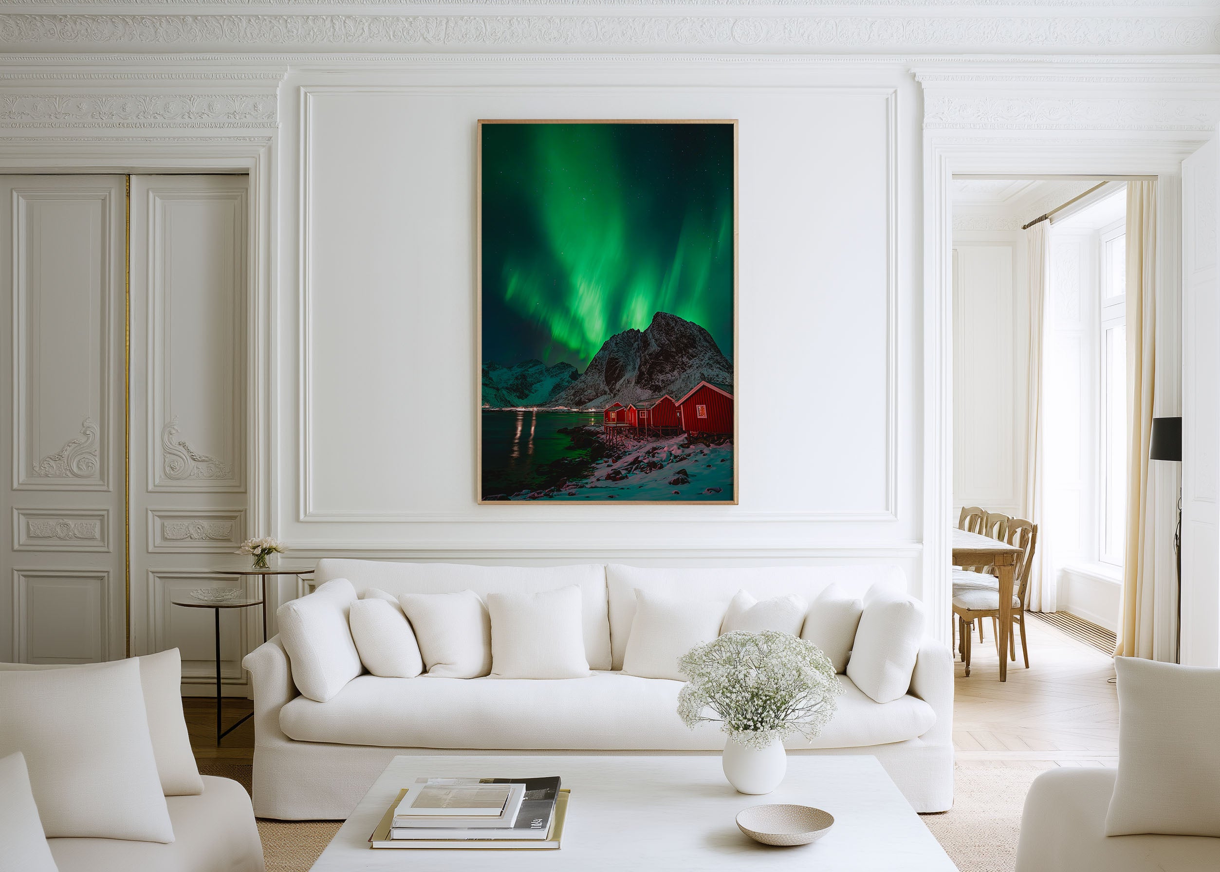 Norway Northern Lights Aurora Borealis Lofoten Wall Art Print | Red Fishing Huts Night Sky Photography | Scandinavian Home Decor