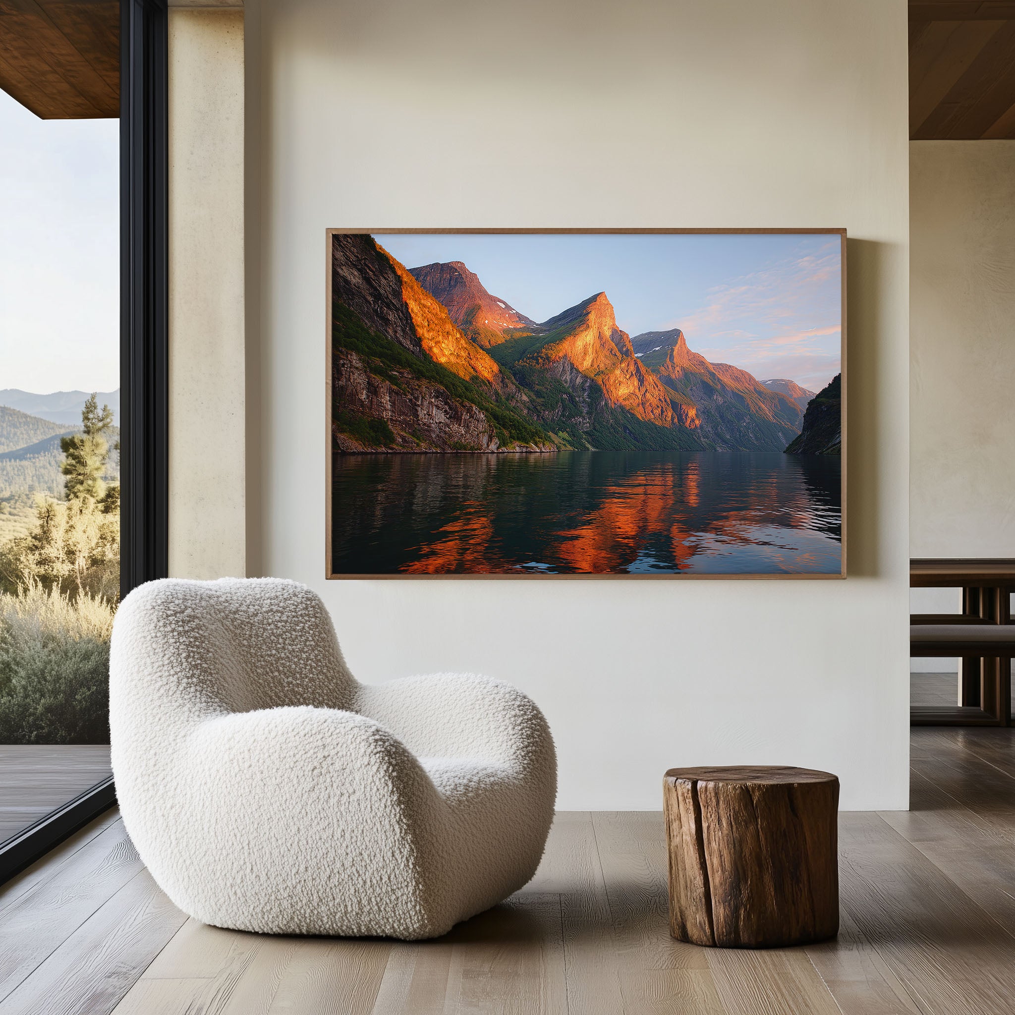 Norway Fjord Mountain Reflection Wall Art Print – Scandinavian Landscape Canvas
