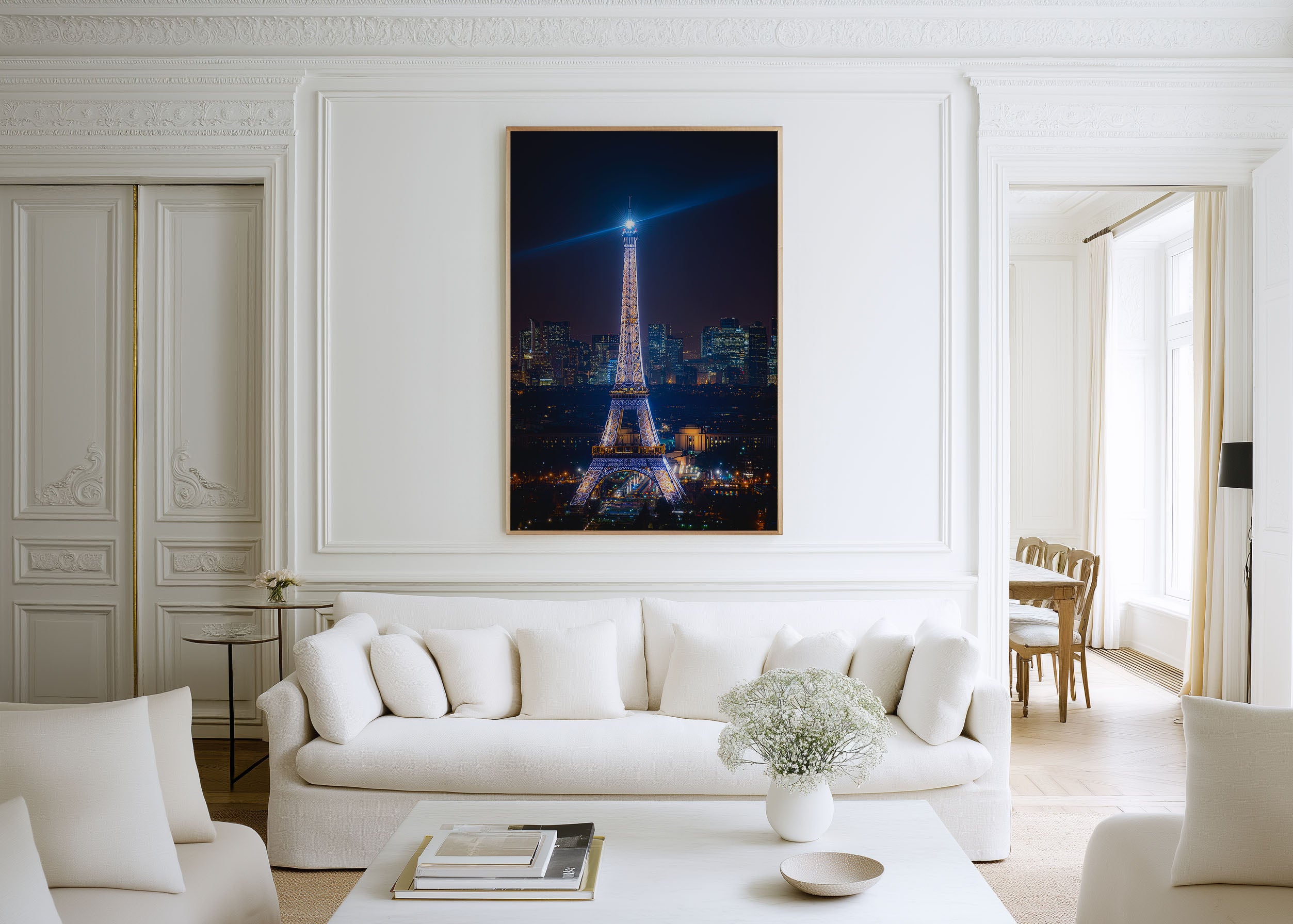 Paris Eiffel Tower Sparkling Night Wall Art | La Défense Aerial France Print | City Lights Photography Poster