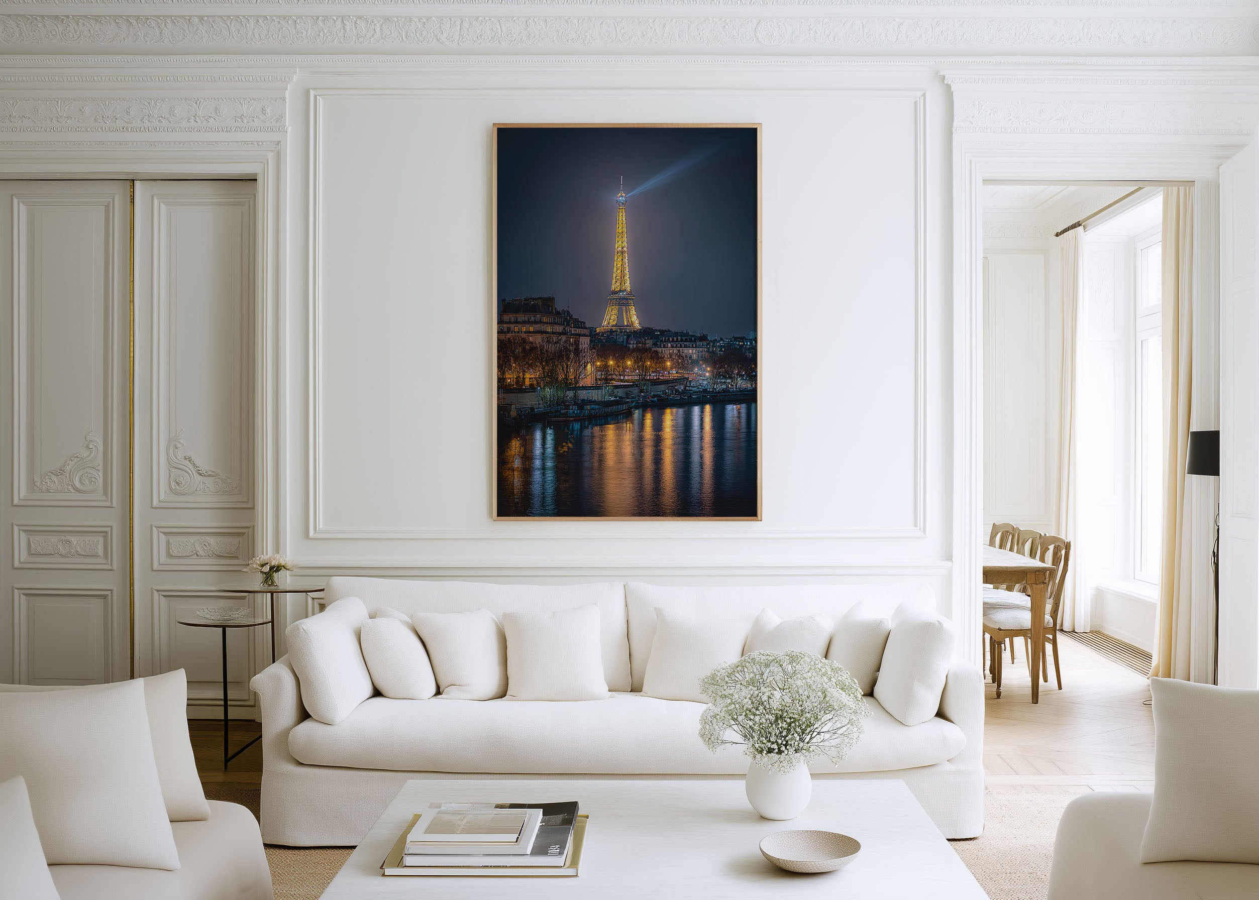 Paris Eiffel Tower Night Wall Art | Seine River France Print | City Lights Photography Poster