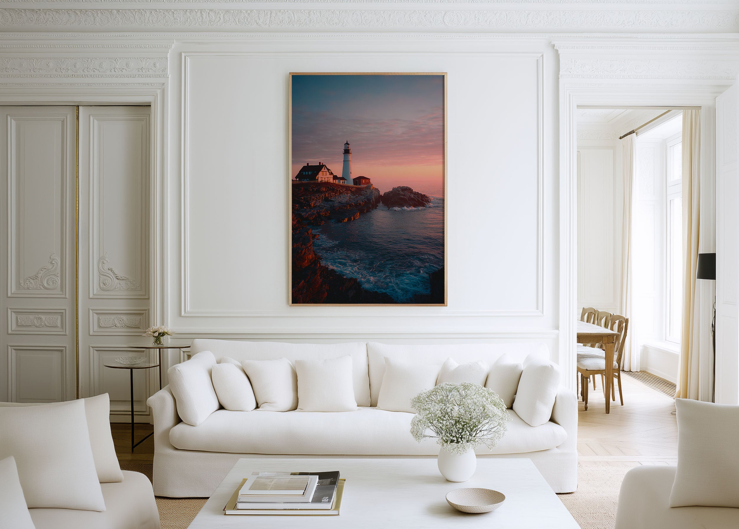 Portland Head Lighthouse Ocean Waves Wall Art | Coastal Sunset Canvas Print
