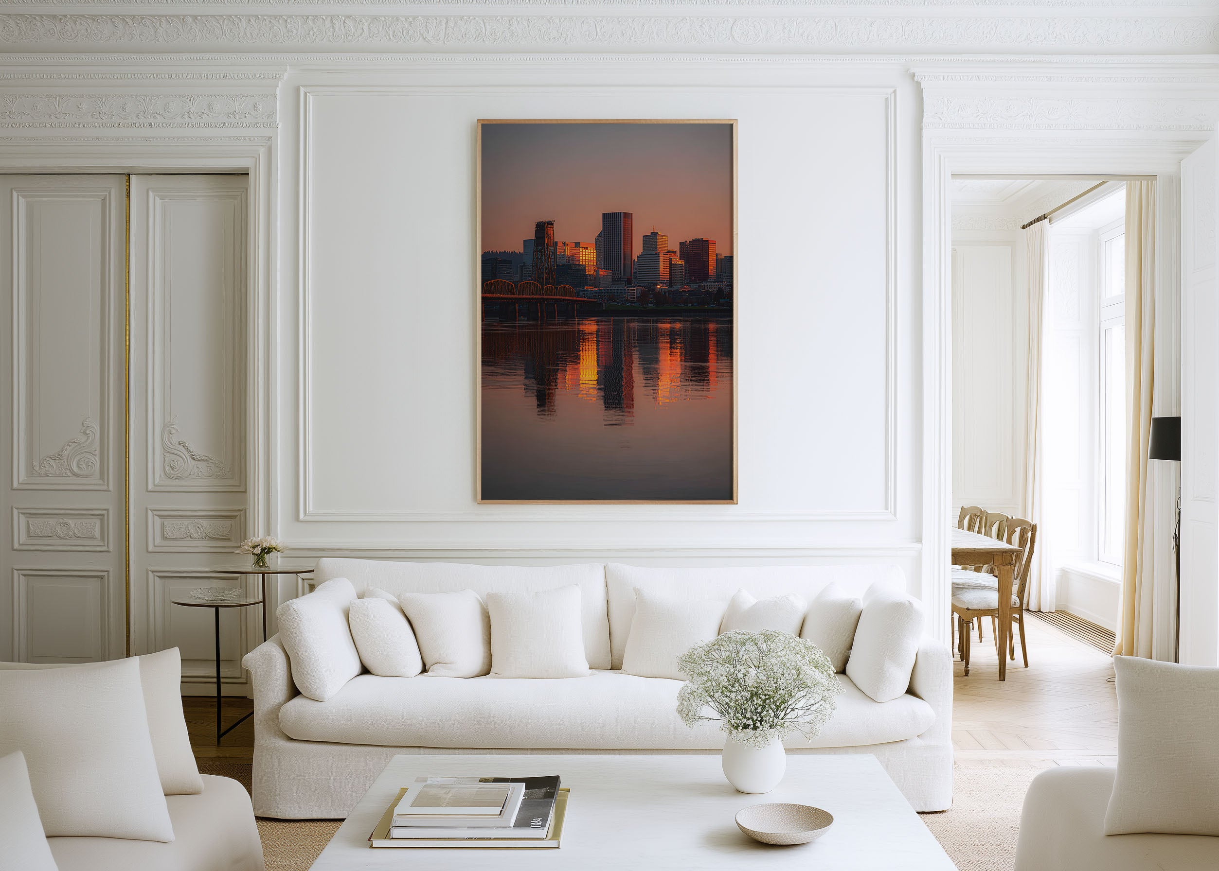 Portland Skyline Willamette River Sunset Wall Art | Hawthorne Bridge Oregon Reflection Print | Travel Photography Poster