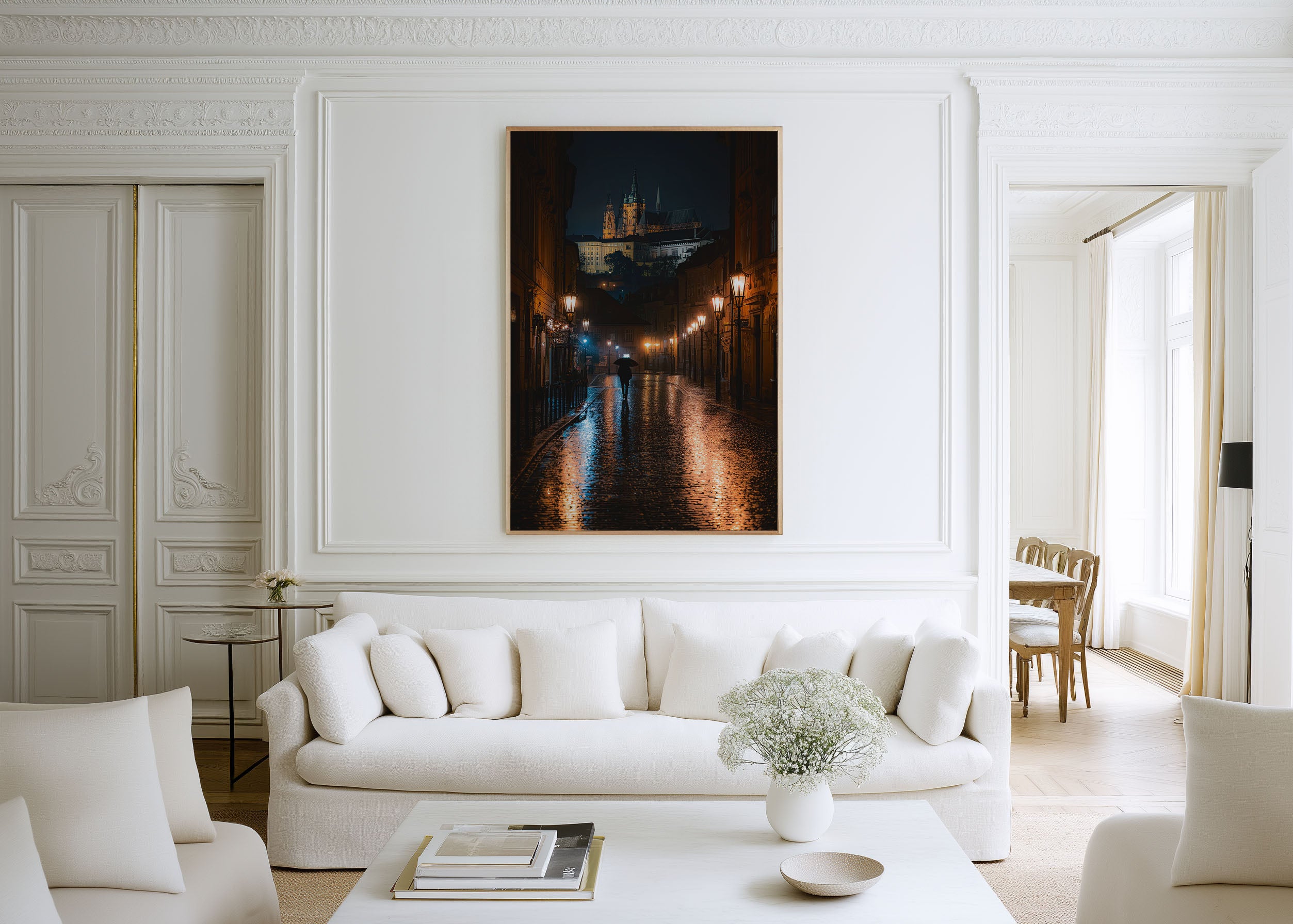 Prague Castle Rainy Night Street Print | Prague Old Town Wall Art | Czech Republic Cobblestone Night Cityscape Photography Poster