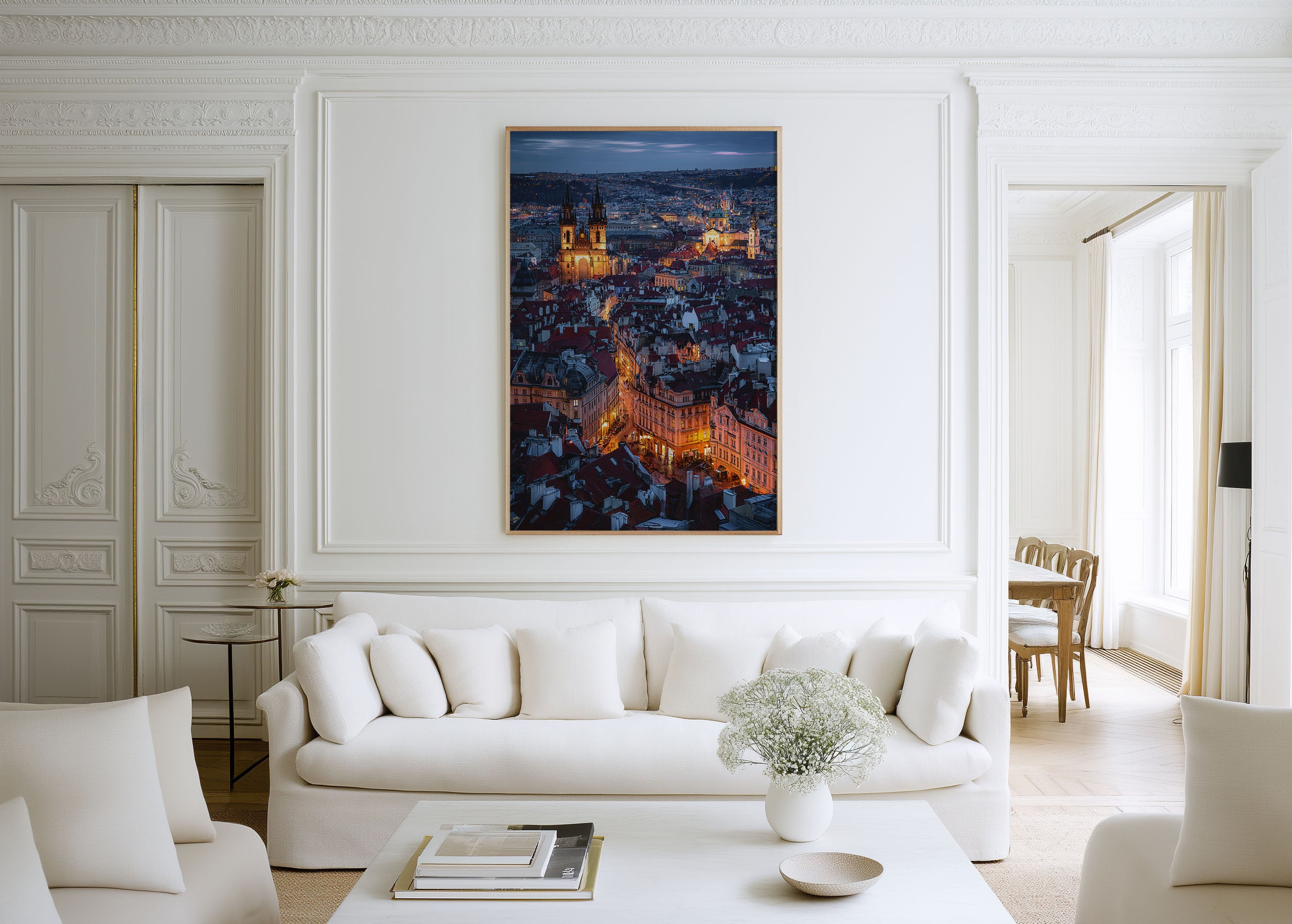 Prague Old Town Night Wall Art Print | Czech Republic Cityscape Photography | Týn Church Blue Hour Rooftops Poster