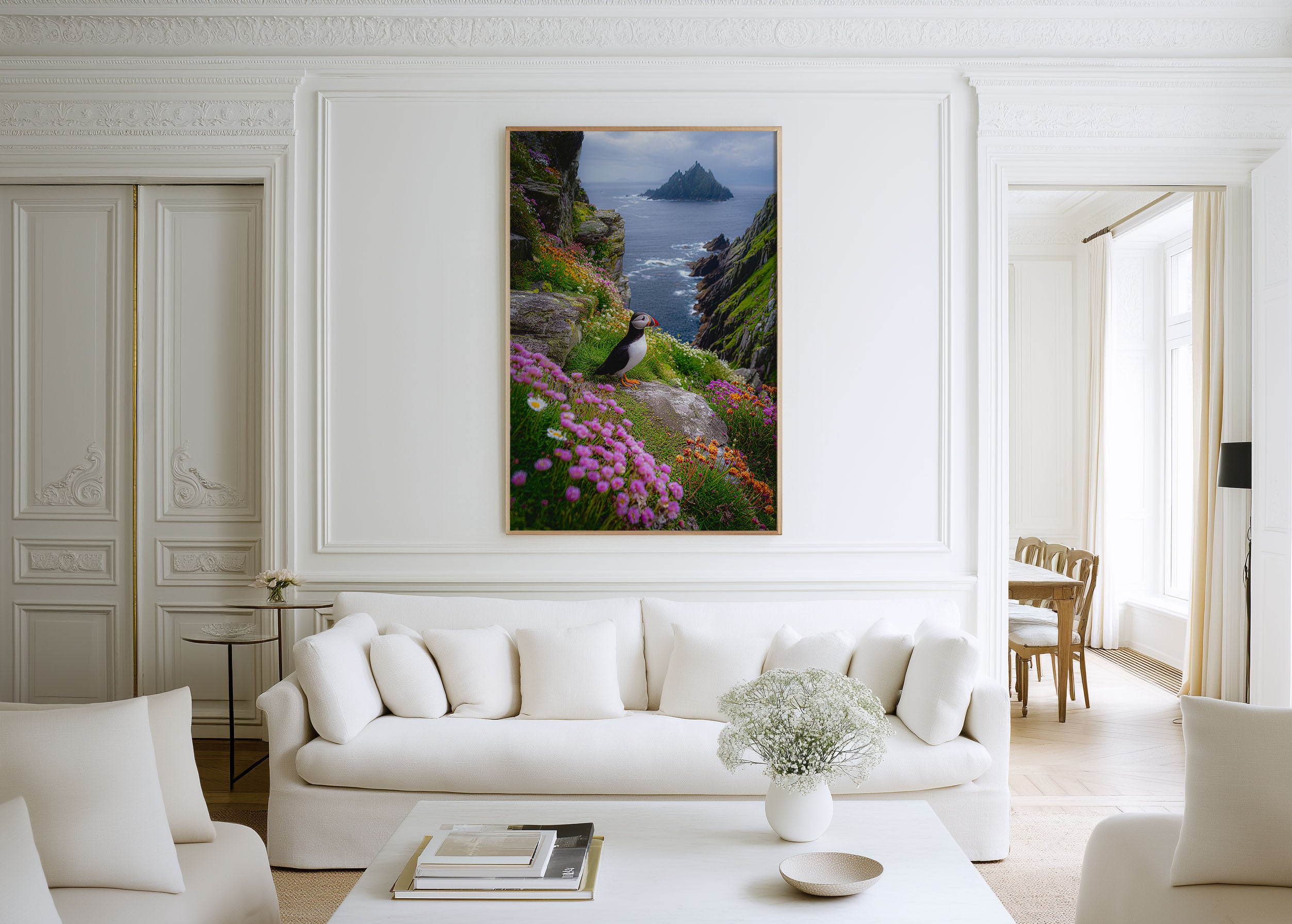Puffin Coastal Wall Art Print – Ireland Cliff Flowers Canvas, Atlantic Ocean Landscape, Wildlife Nature Decor