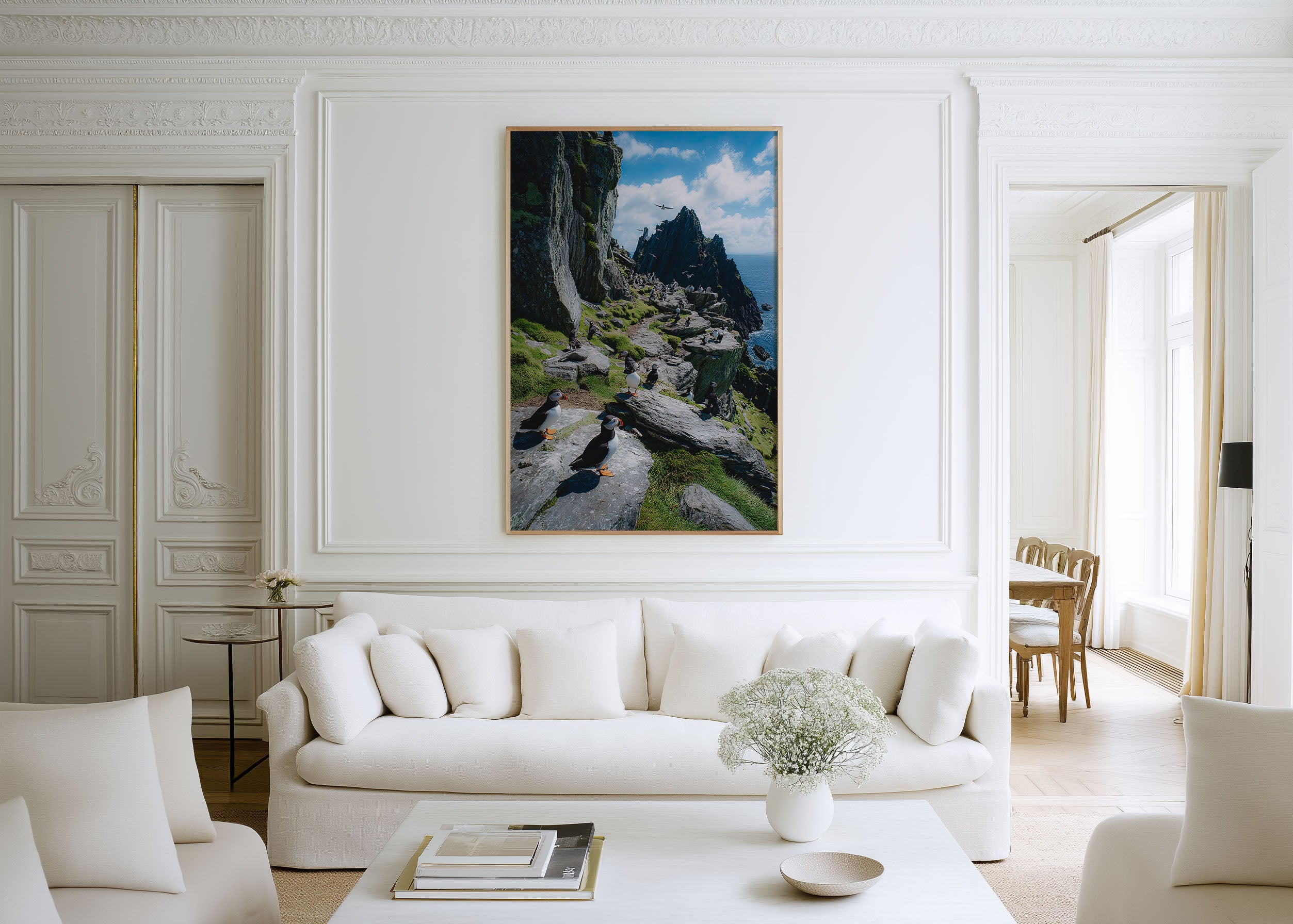 Puffin Colony Wall Art Print – Coastal Cliff Wildlife Canvas & Framed Ocean Landscape Decor