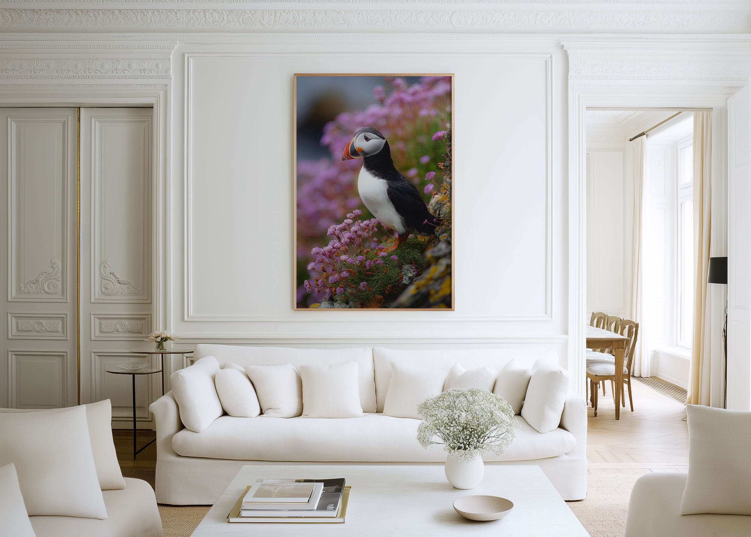 Puffin in Bloom Wall Art – Colorful Coastal Bird Canvas Print, Nature Wildlife Decor