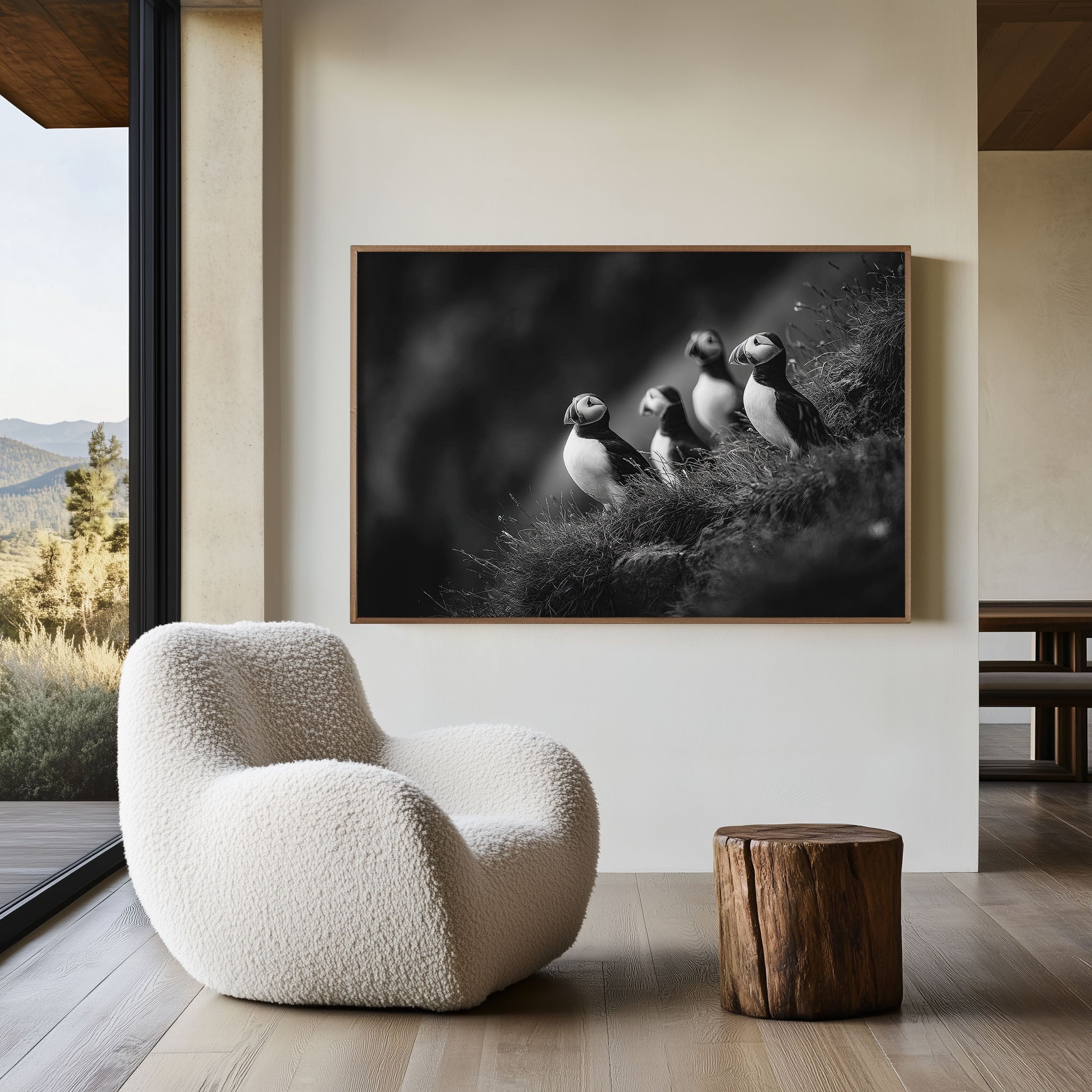 Puffins on Cliff Black & White Wildlife Wall Art