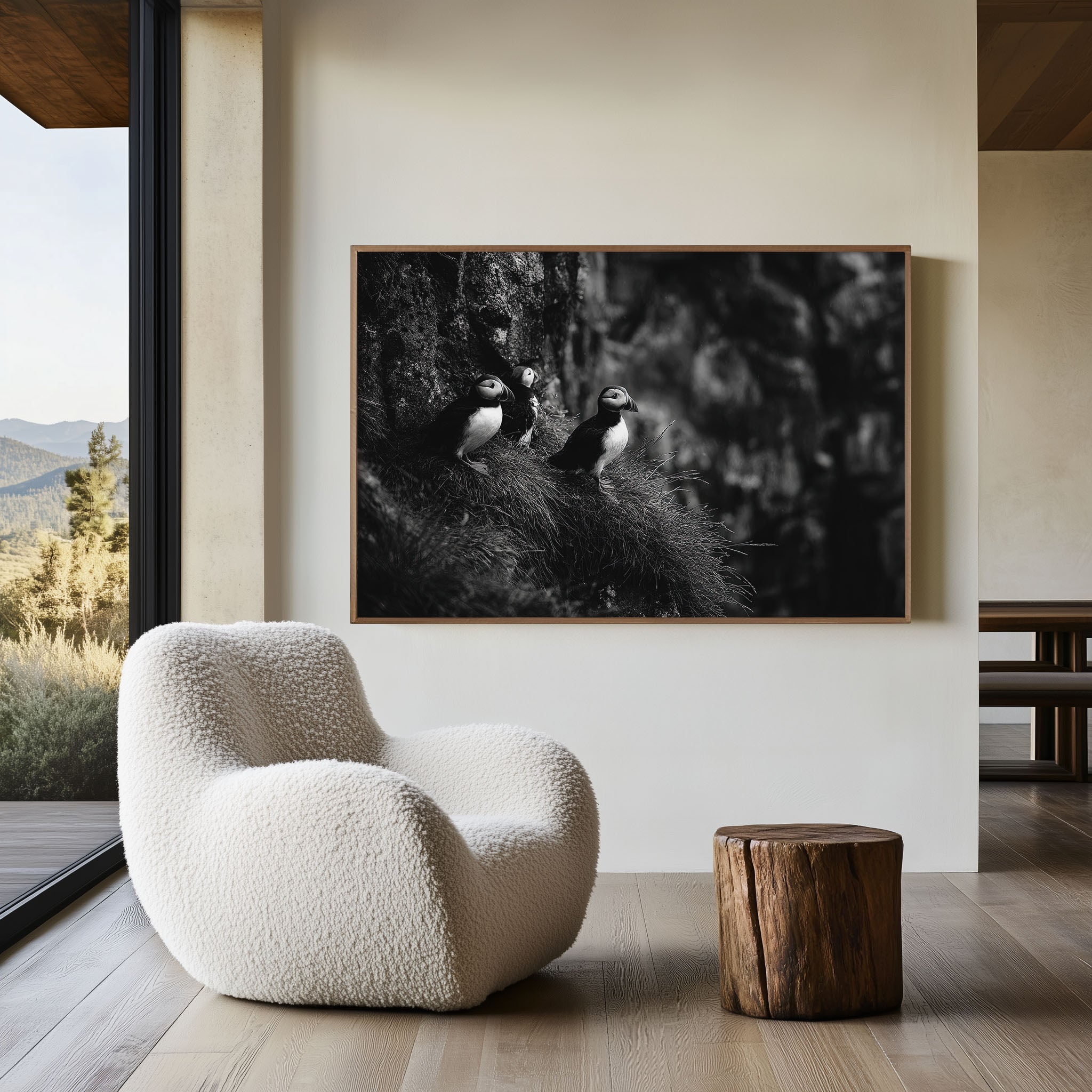 Puffins on Cliffs Black & White Fine Art Print