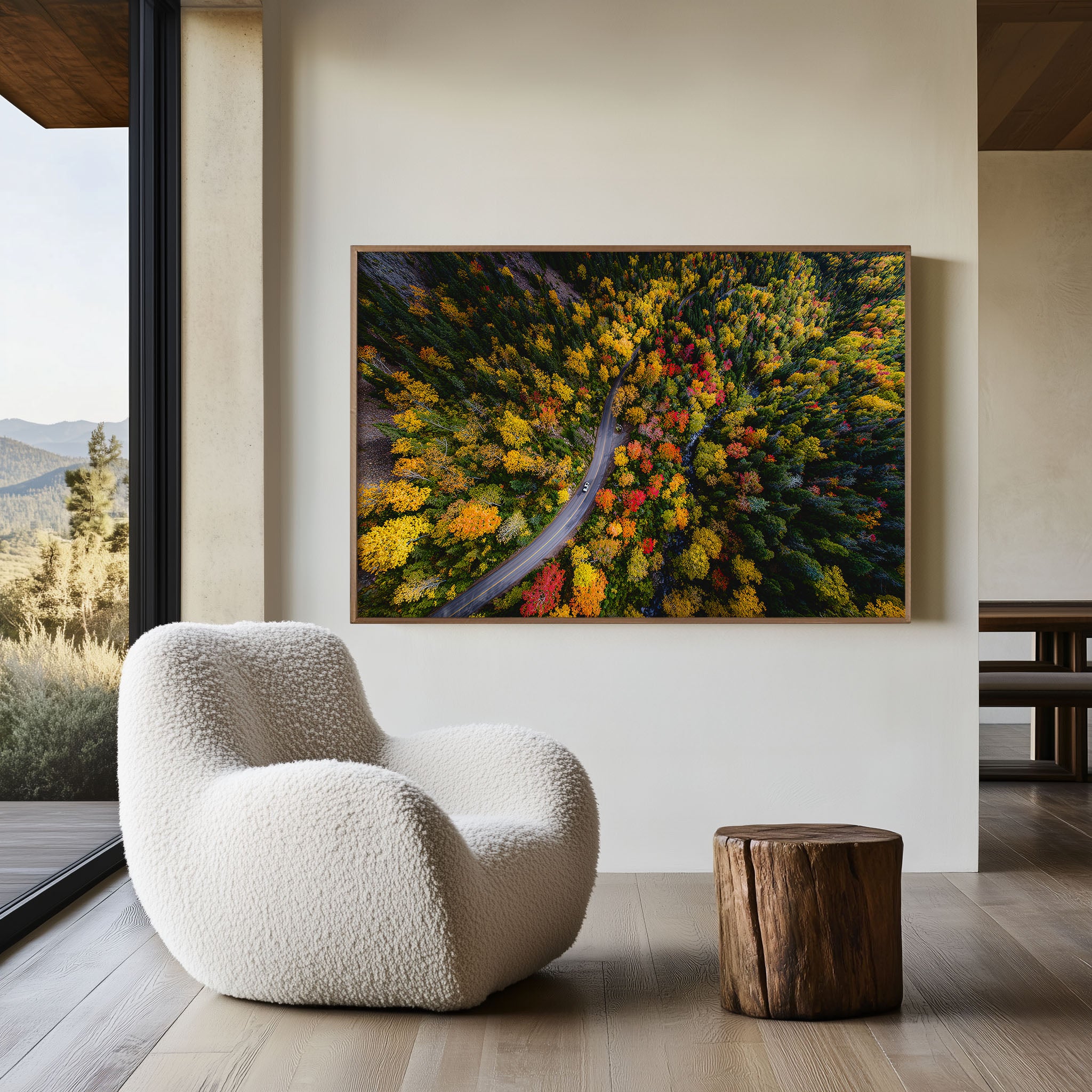 Quebec Autumn Forest Wall Art – Aerial Fall Foliage Winding Road Print